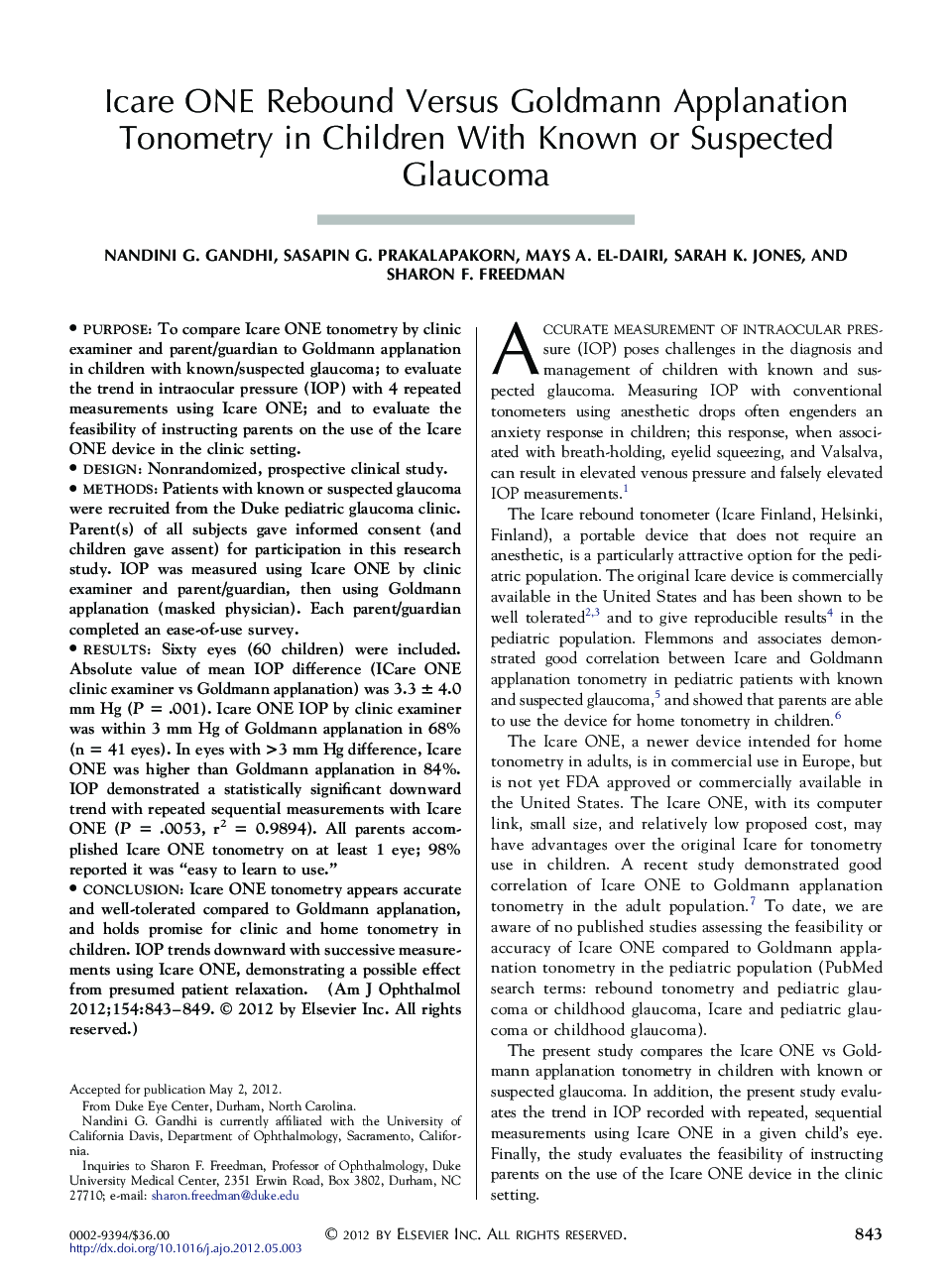 Icare ONE Rebound Versus Goldmann Applanation Tonometry in Children With Known or Suspected Glaucoma