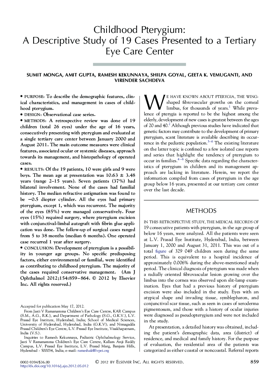 Childhood Pterygium: A Descriptive Study of 19 Cases Presented to a Tertiary Eye Care Center
