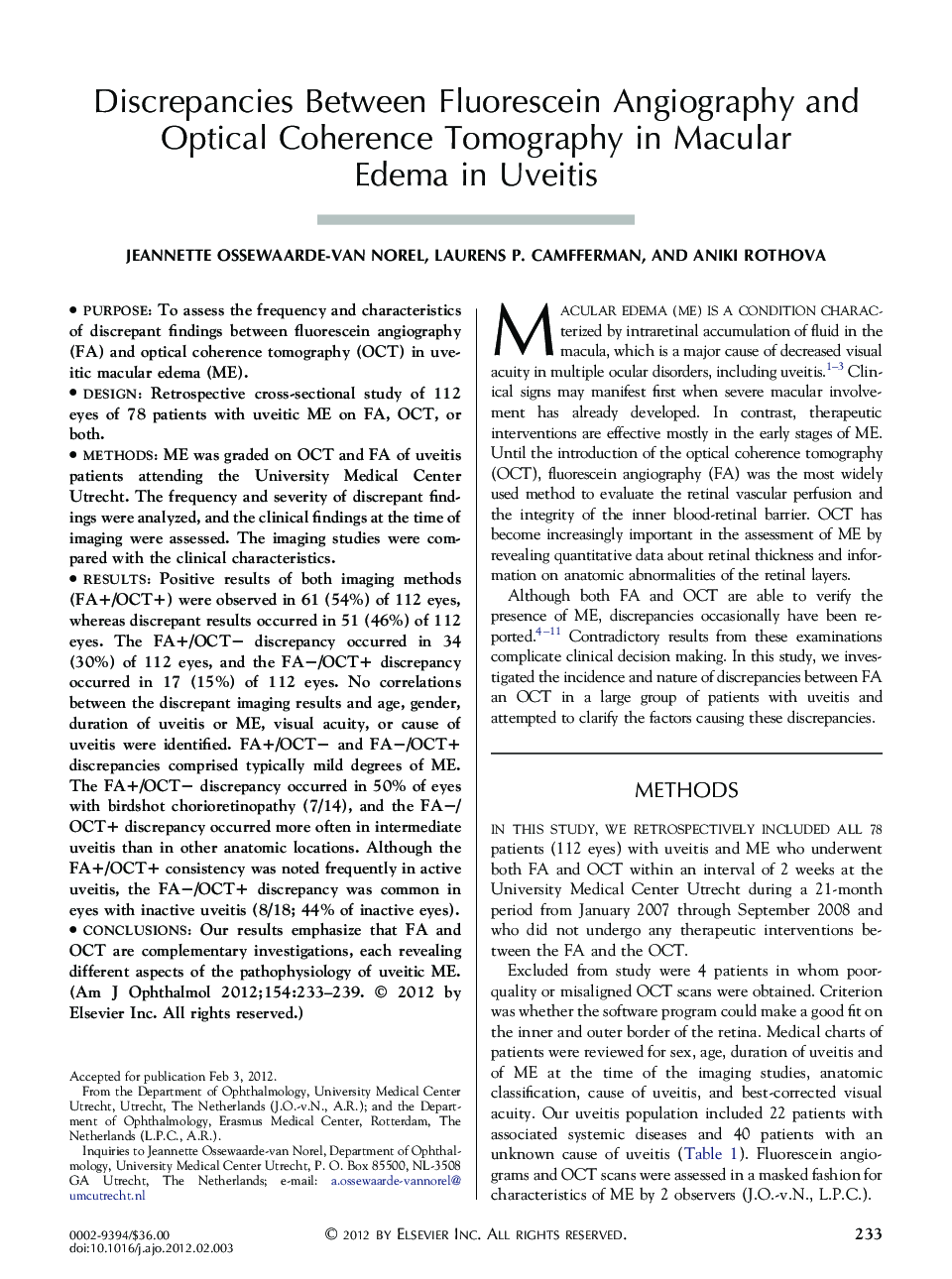 Discrepancies Between Fluorescein Angiography and Optical Coherence Tomography in Macular Edema in Uveitis