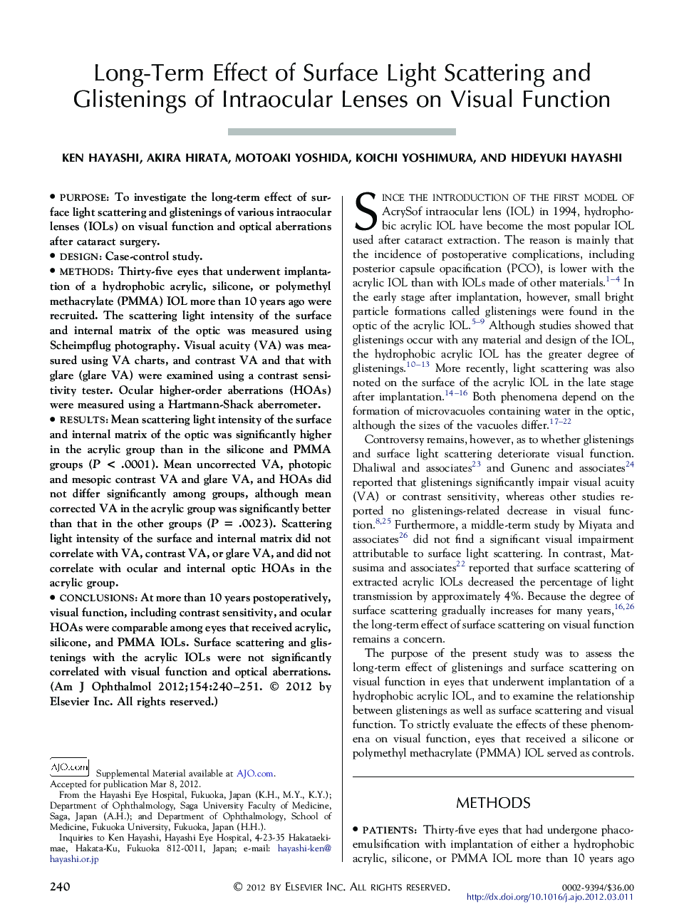 Long-Term Effect of Surface Light Scattering and Glistenings of Intraocular Lenses on Visual Function