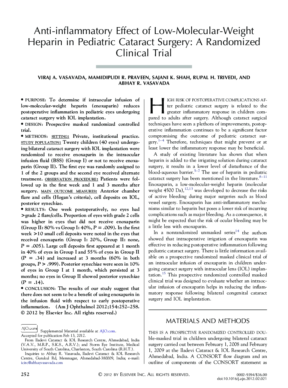 Anti-inflammatory Effect of Low-Molecular-Weight Heparin in Pediatric Cataract Surgery: A Randomized Clinical Trial