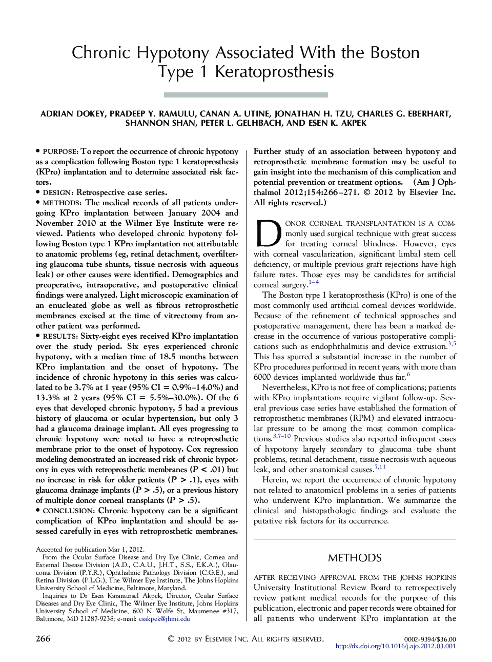 Chronic Hypotony Associated With the Boston Type 1 Keratoprosthesis