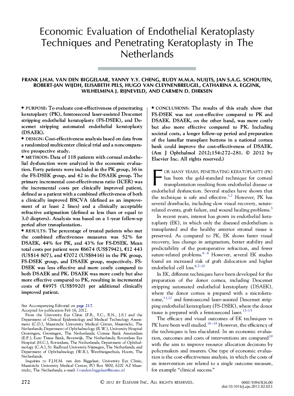 Economic Evaluation of Endothelial Keratoplasty Techniques and Penetrating Keratoplasty in The Netherlands