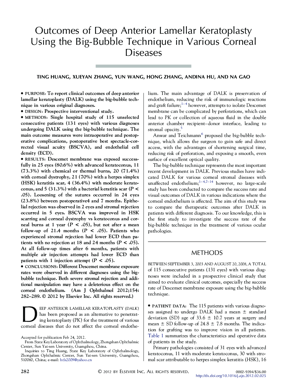 Outcomes of Deep Anterior Lamellar Keratoplasty Using the Big-Bubble Technique in Various Corneal Diseases