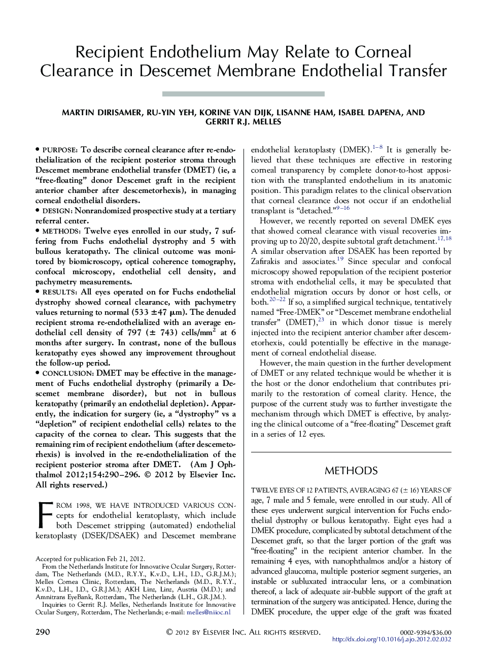Recipient Endothelium May Relate to Corneal Clearance in Descemet Membrane Endothelial Transfer
