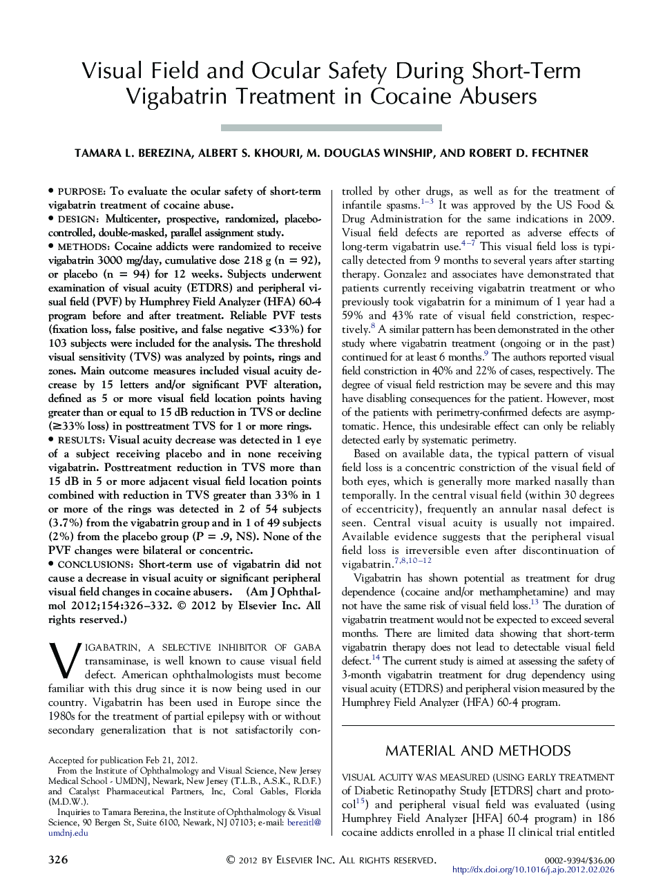 Visual Field and Ocular Safety During Short-Term Vigabatrin Treatment in Cocaine Abusers