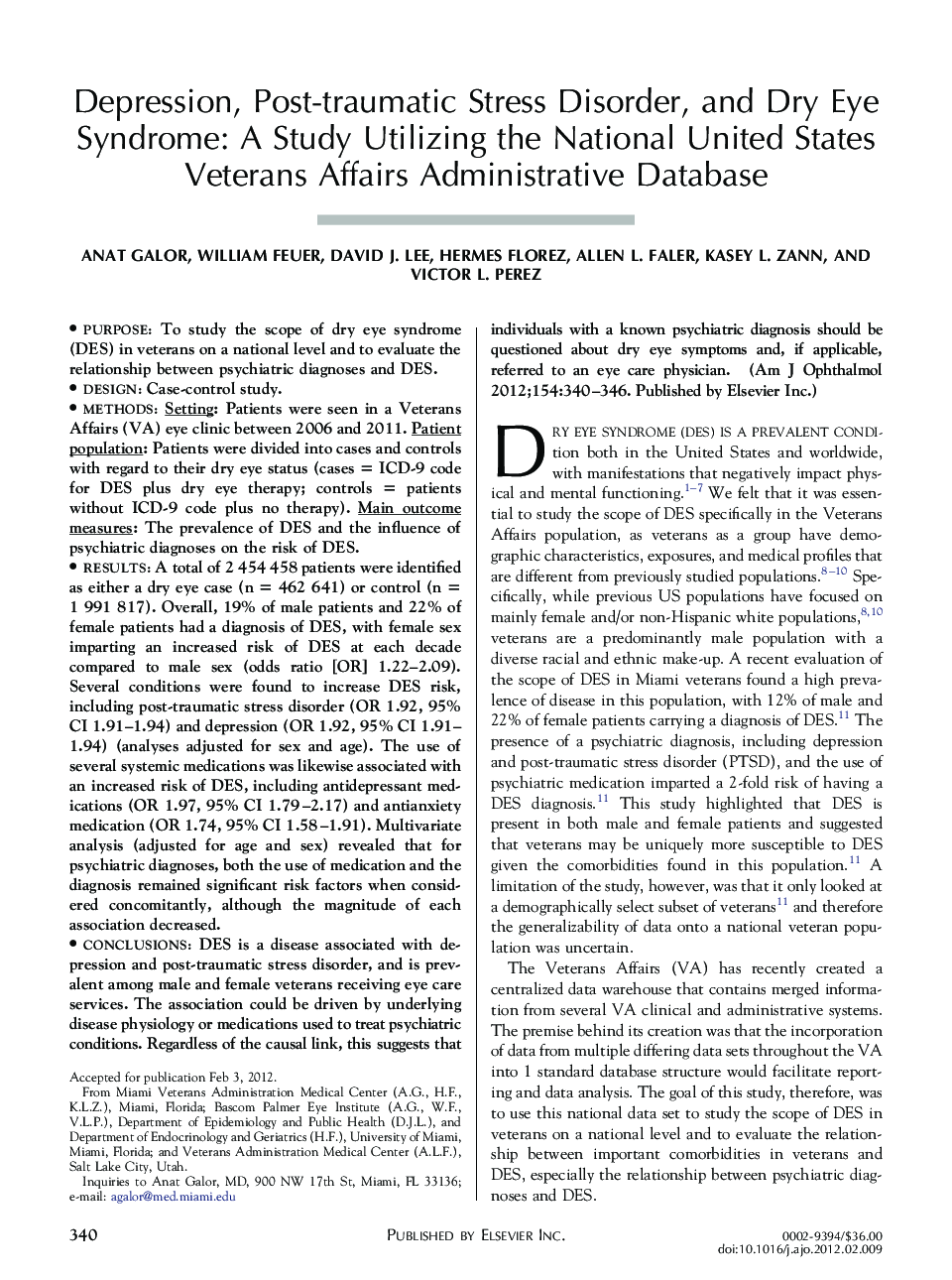 Depression, Post-traumatic Stress Disorder, and Dry Eye Syndrome: A Study Utilizing the National United States Veterans Affairs Administrative Database
