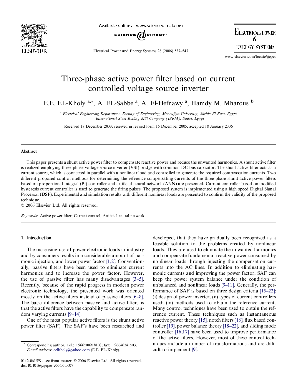 Three-phase active power filter based on current controlled voltage source inverter