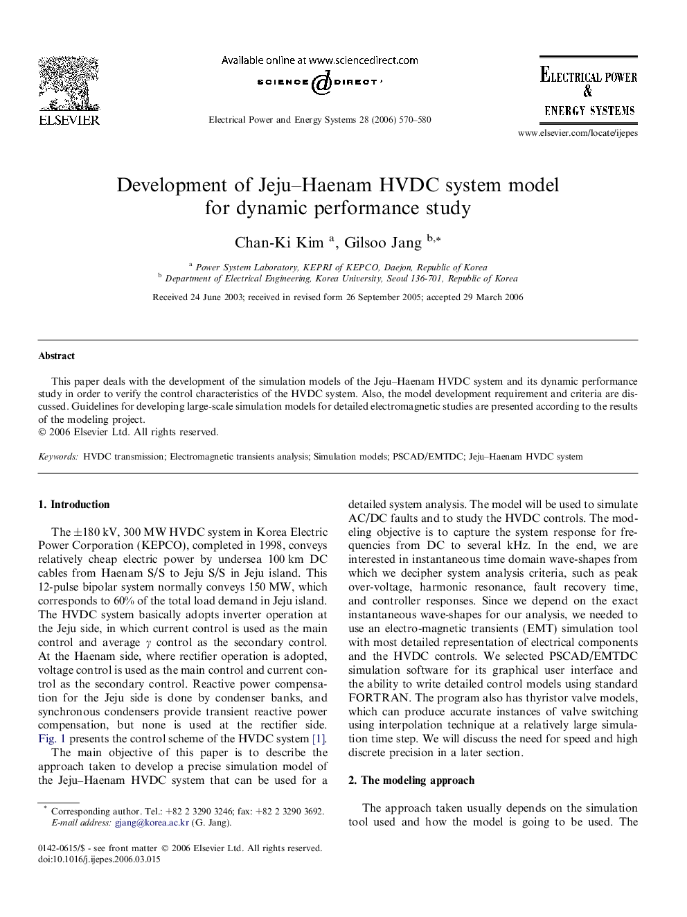 Development of Jeju–Haenam HVDC system model for dynamic performance study