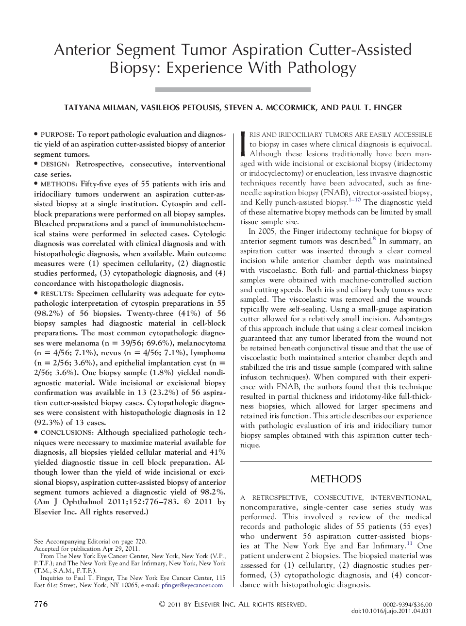 Anterior Segment Tumor Aspiration Cutter-Assisted Biopsy: Experience With Pathology
