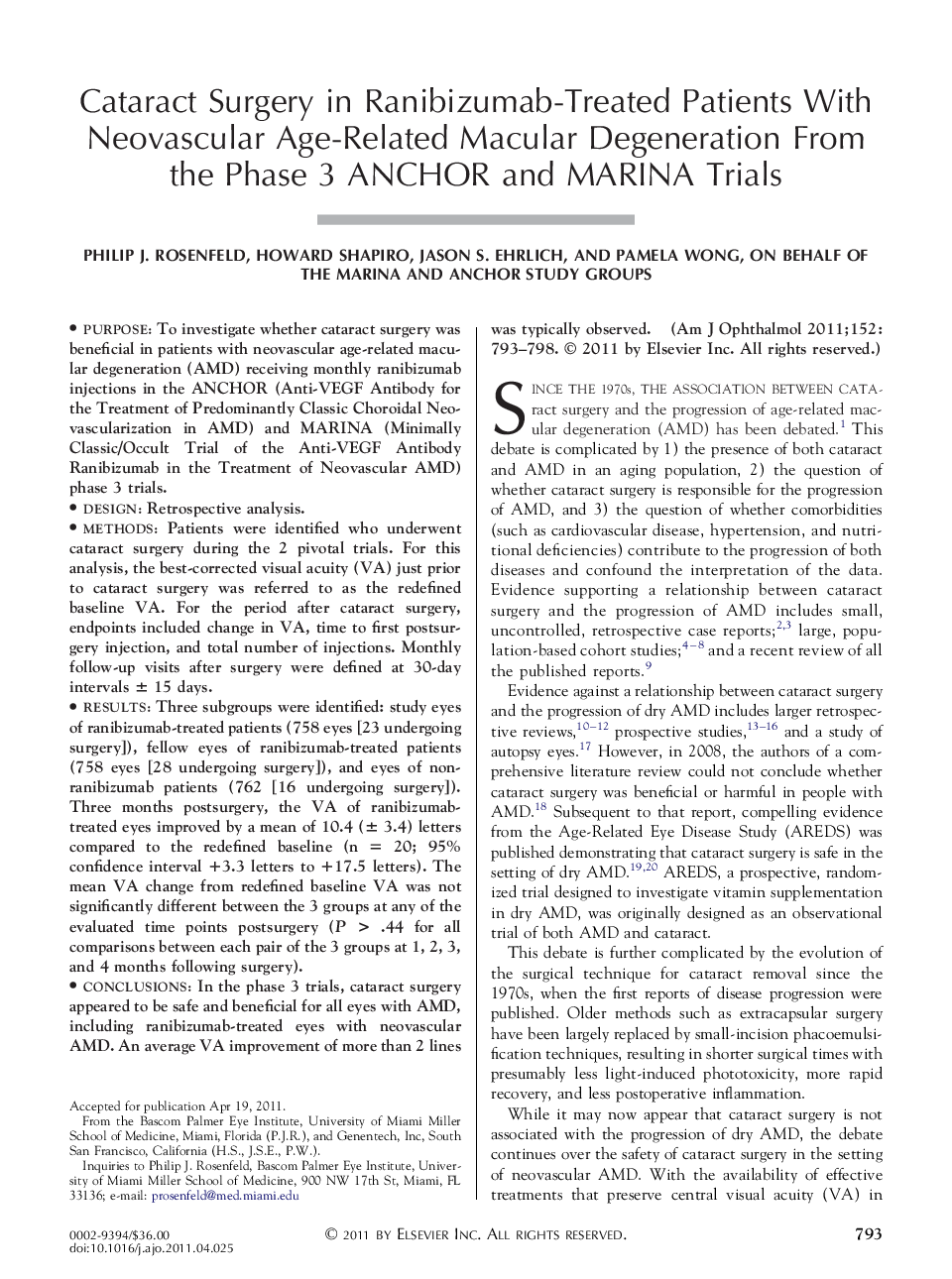 Cataract Surgery in Ranibizumab-Treated Patients With Neovascular Age-Related Macular Degeneration From the Phase 3 ANCHOR and MARINA Trials