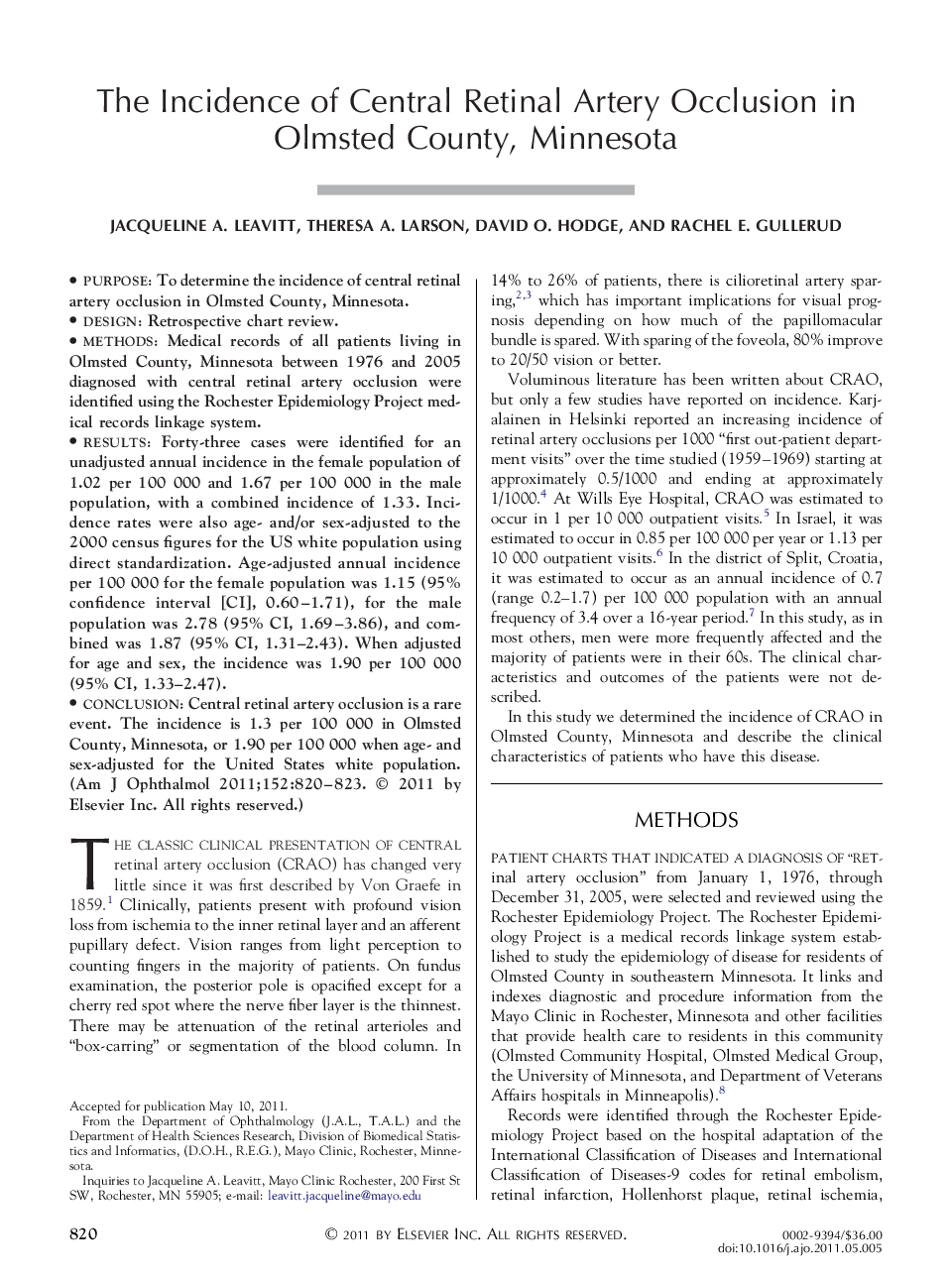 The Incidence of Central Retinal Artery Occlusion in Olmsted County, Minnesota