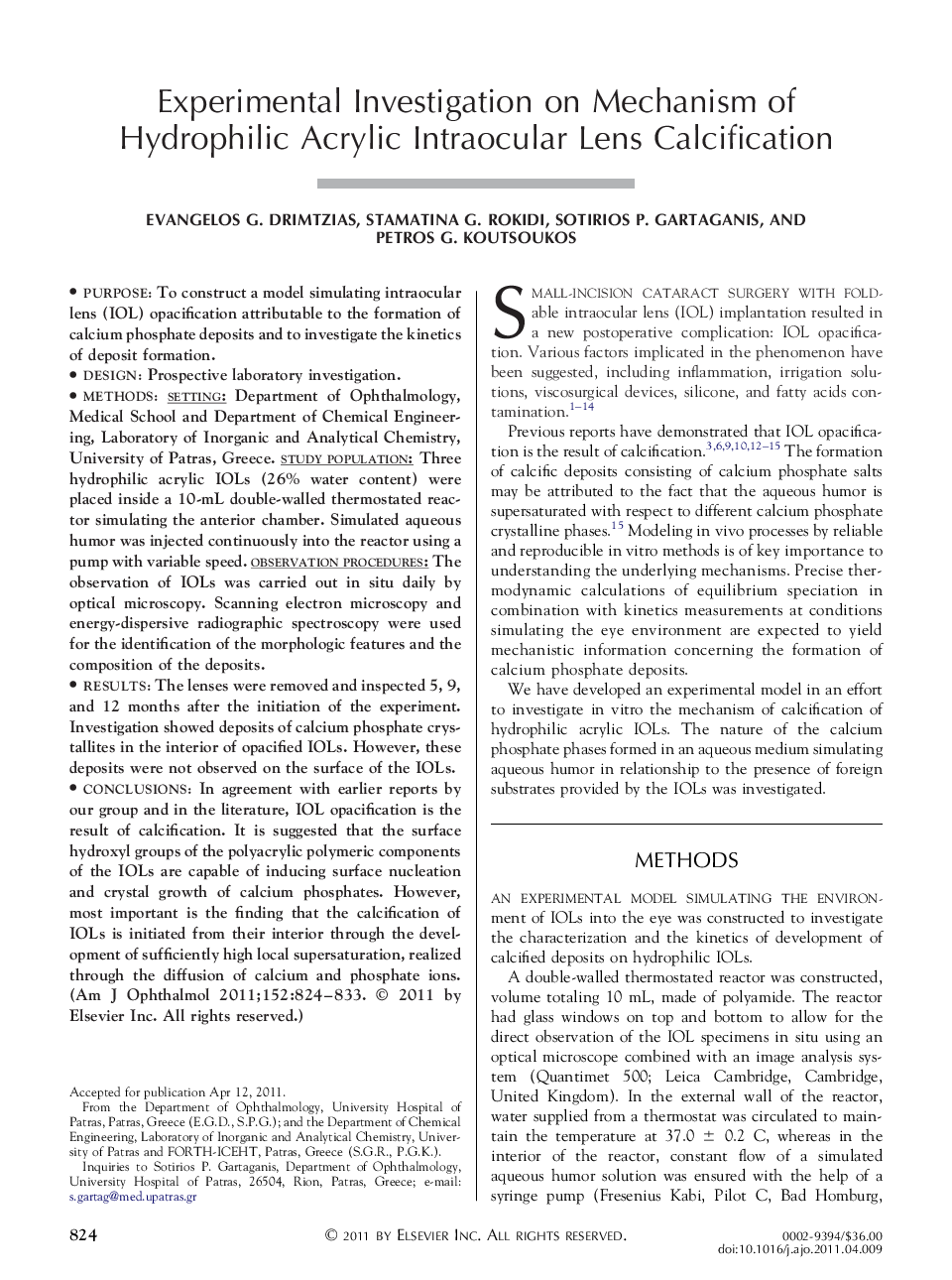Experimental Investigation on Mechanism of Hydrophilic Acrylic Intraocular Lens Calcification