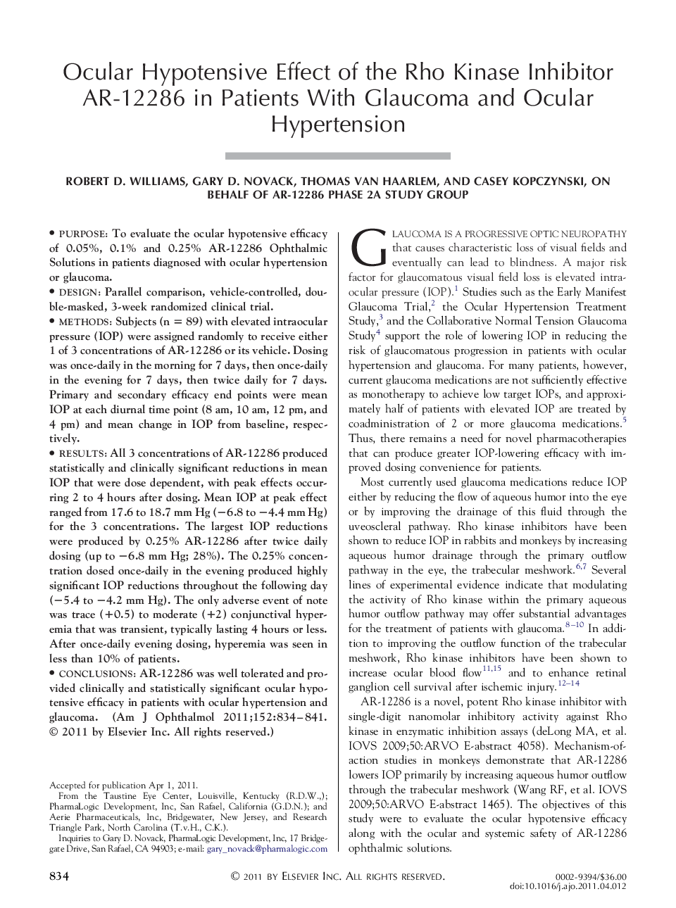 Ocular Hypotensive Effect of the Rho Kinase Inhibitor AR-12286 in Patients With Glaucoma and Ocular Hypertension