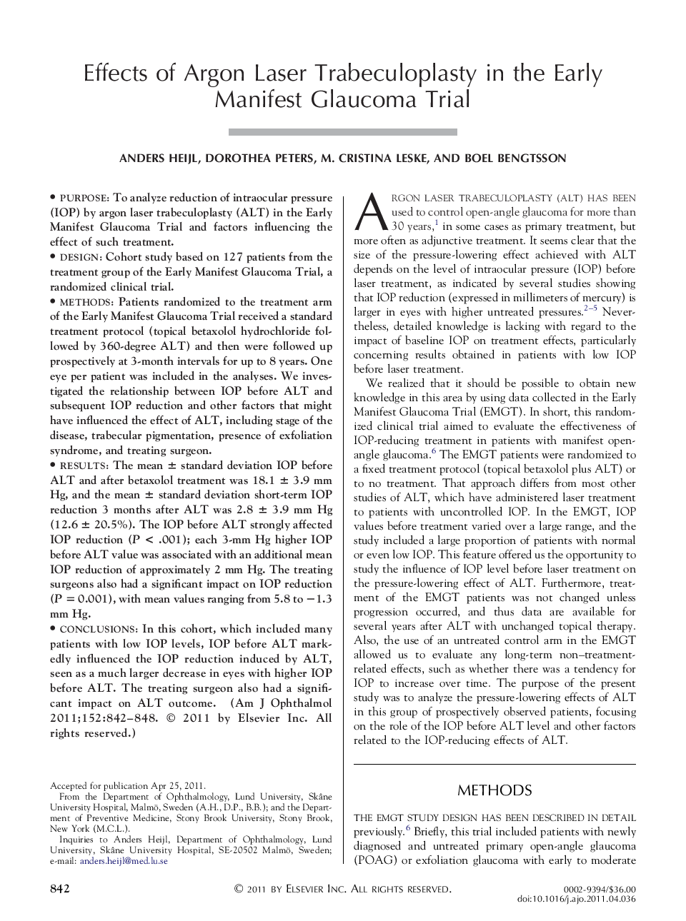 Effects of Argon Laser Trabeculoplasty in the Early Manifest Glaucoma Trial