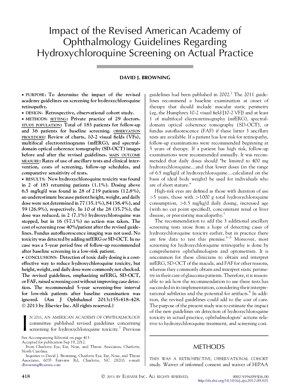 Impact of the Revised American Academy of Ophthalmology Guidelines Regarding Hydroxychloroquine Screening on Actual Practice