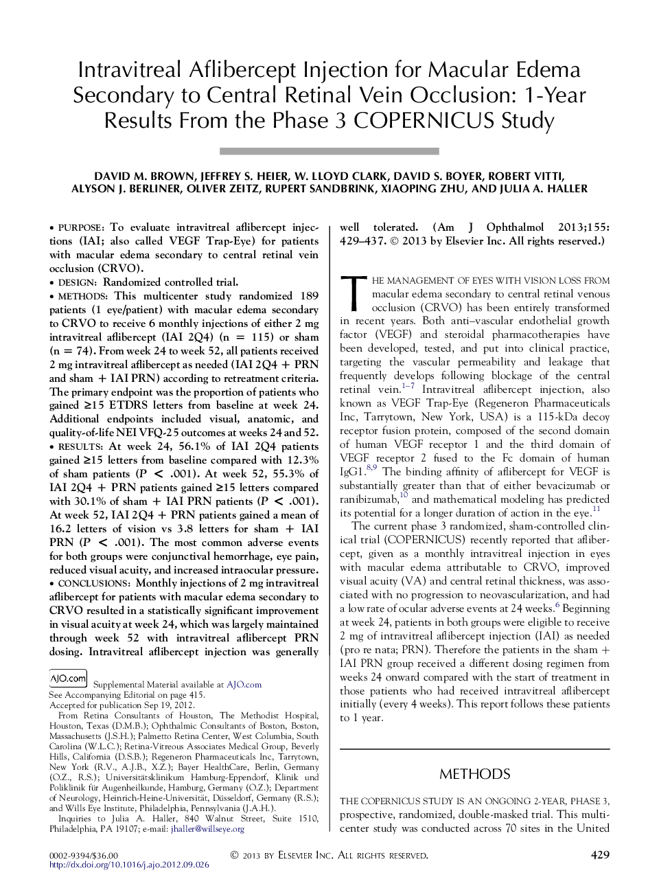 Intravitreal Aflibercept Injection for Macular Edema Secondary to Central Retinal Vein Occlusion: 1-Year Results From the Phase 3 COPERNICUS Study