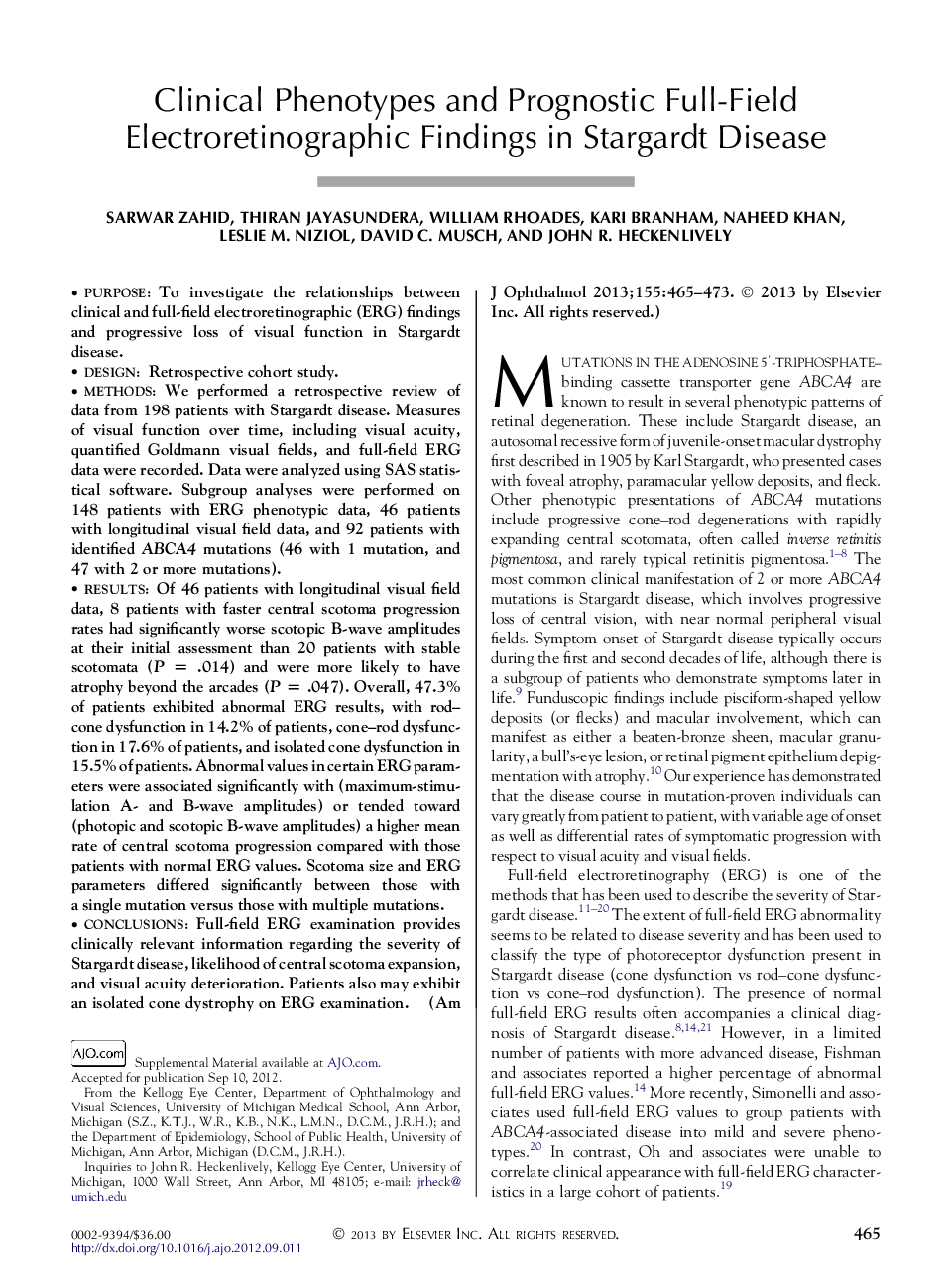 Clinical Phenotypes and Prognostic Full-Field Electroretinographic Findings in Stargardt Disease