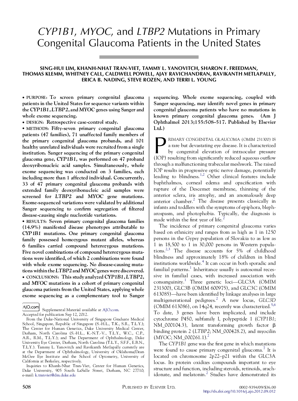 CYP1B1, MYOC, and LTBP2 Mutations in Primary Congenital Glaucoma Patients in the United States