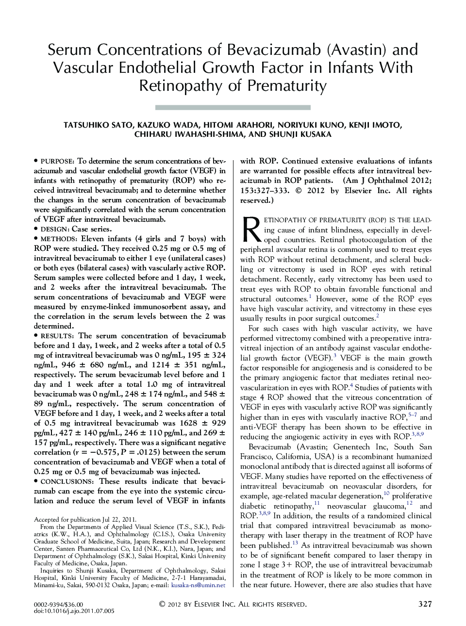 عکس صفحه اول مقاله: Serum Concentrations of Bevacizumab (Avastin) and Vascular Endothelial Growth Factor in Infants With Retinopathy of Prematurity Serum Concentrations of Bevacizumab (Avastin) and Vascular Endothelial Growth Factor in Infants With Retinopathy of Prematurity
