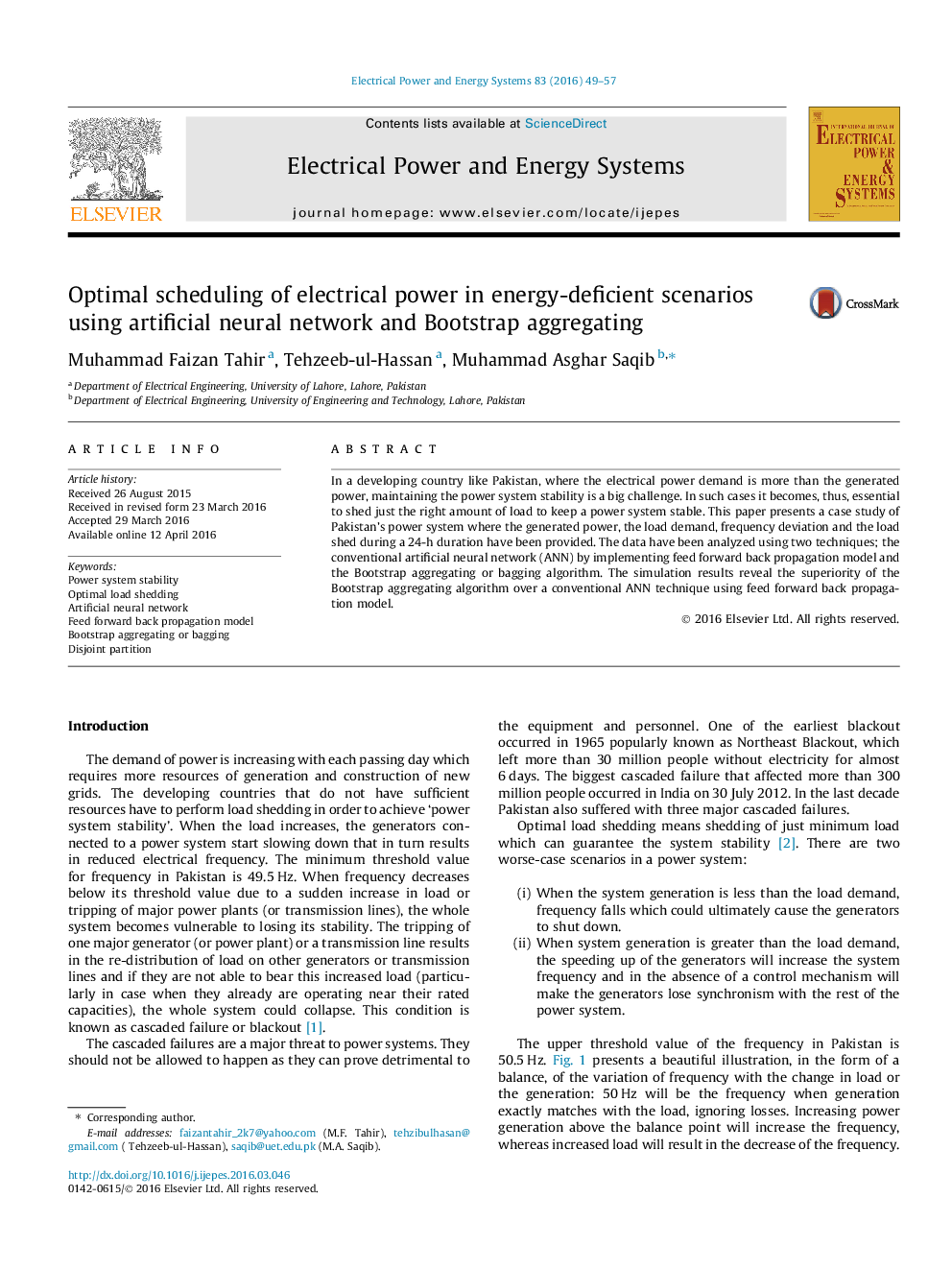 Optimal scheduling of electrical power in energy-deficient scenarios using artificial neural network and Bootstrap aggregating