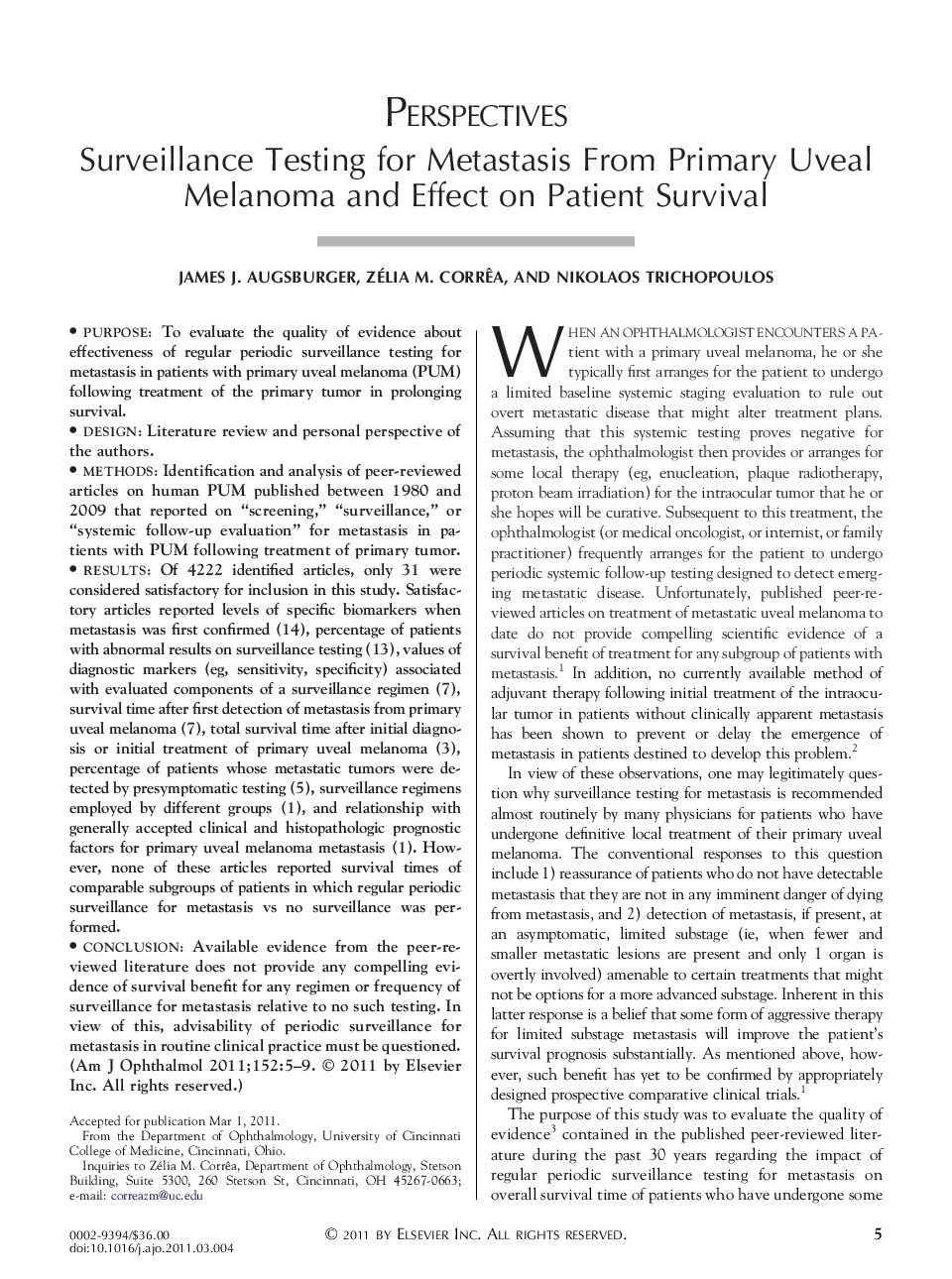 Surveillance Testing for Metastasis From Primary Uveal Melanoma and Effect on Patient Survival