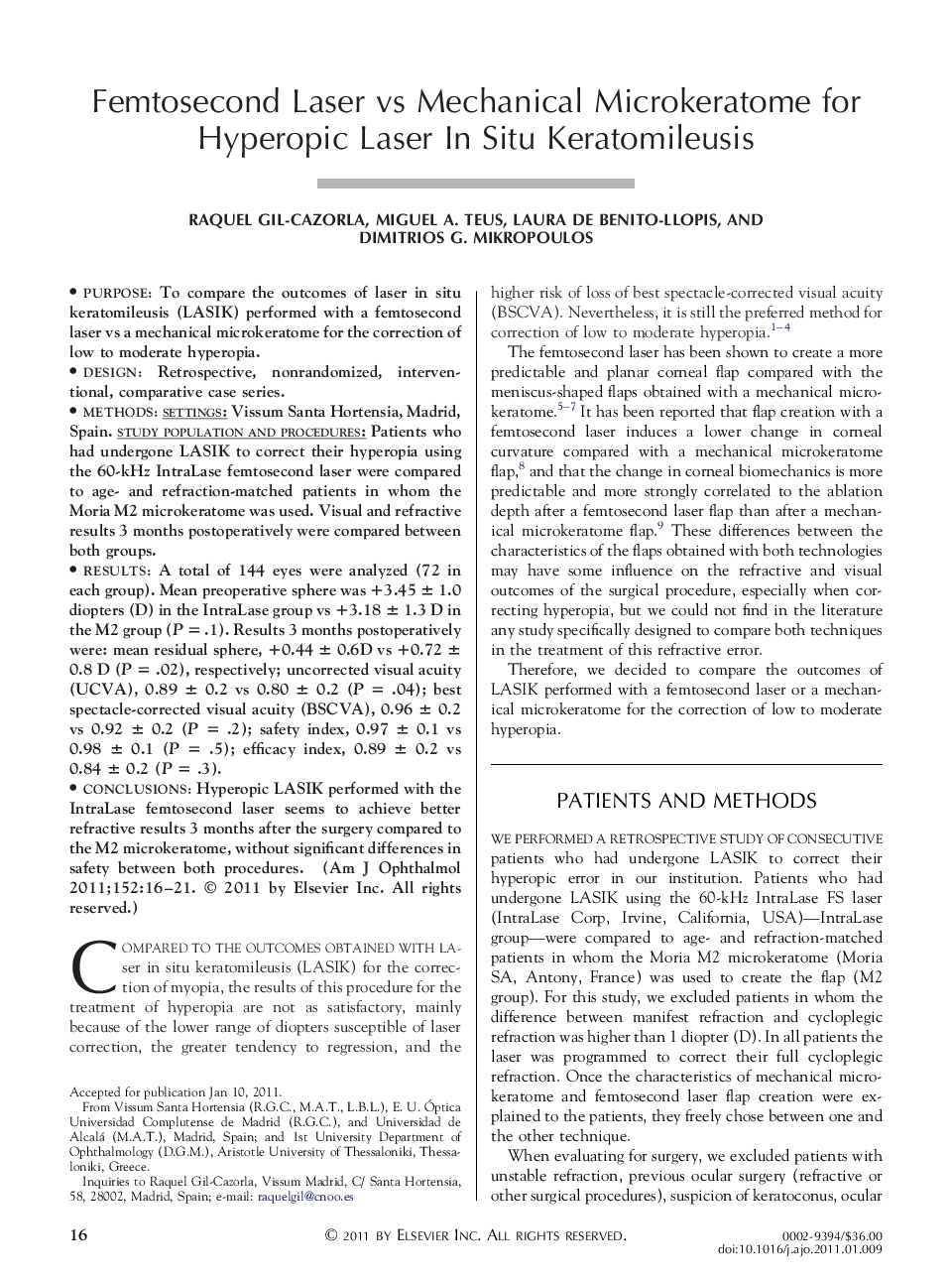 Femtosecond Laser vs Mechanical Microkeratome for Hyperopic Laser In Situ Keratomileusis
