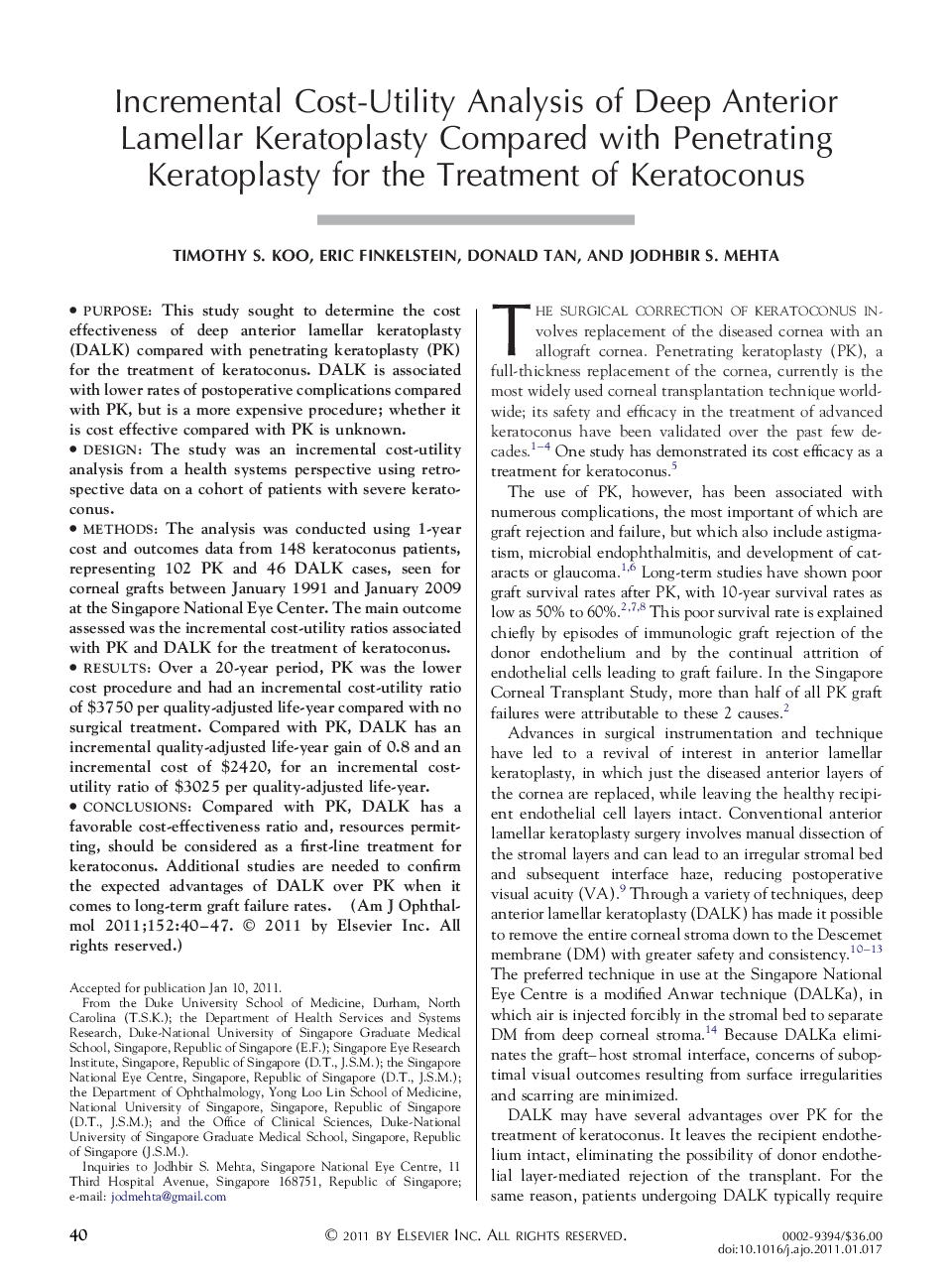 Incremental Cost-Utility Analysis of Deep Anterior Lamellar Keratoplasty Compared with Penetrating Keratoplasty for the Treatment of Keratoconus