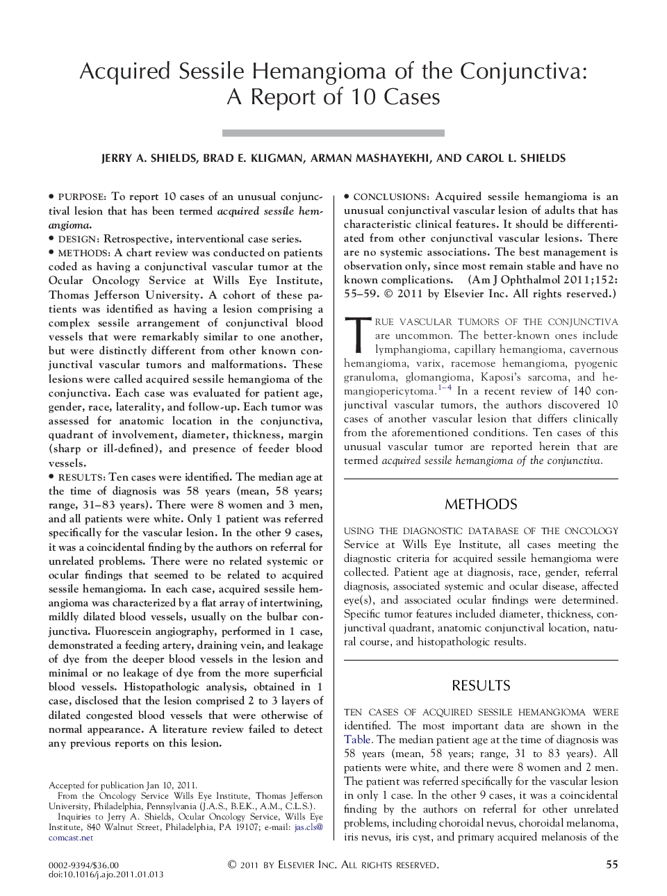 Acquired Sessile Hemangioma of the Conjunctiva: A Report of 10 Cases