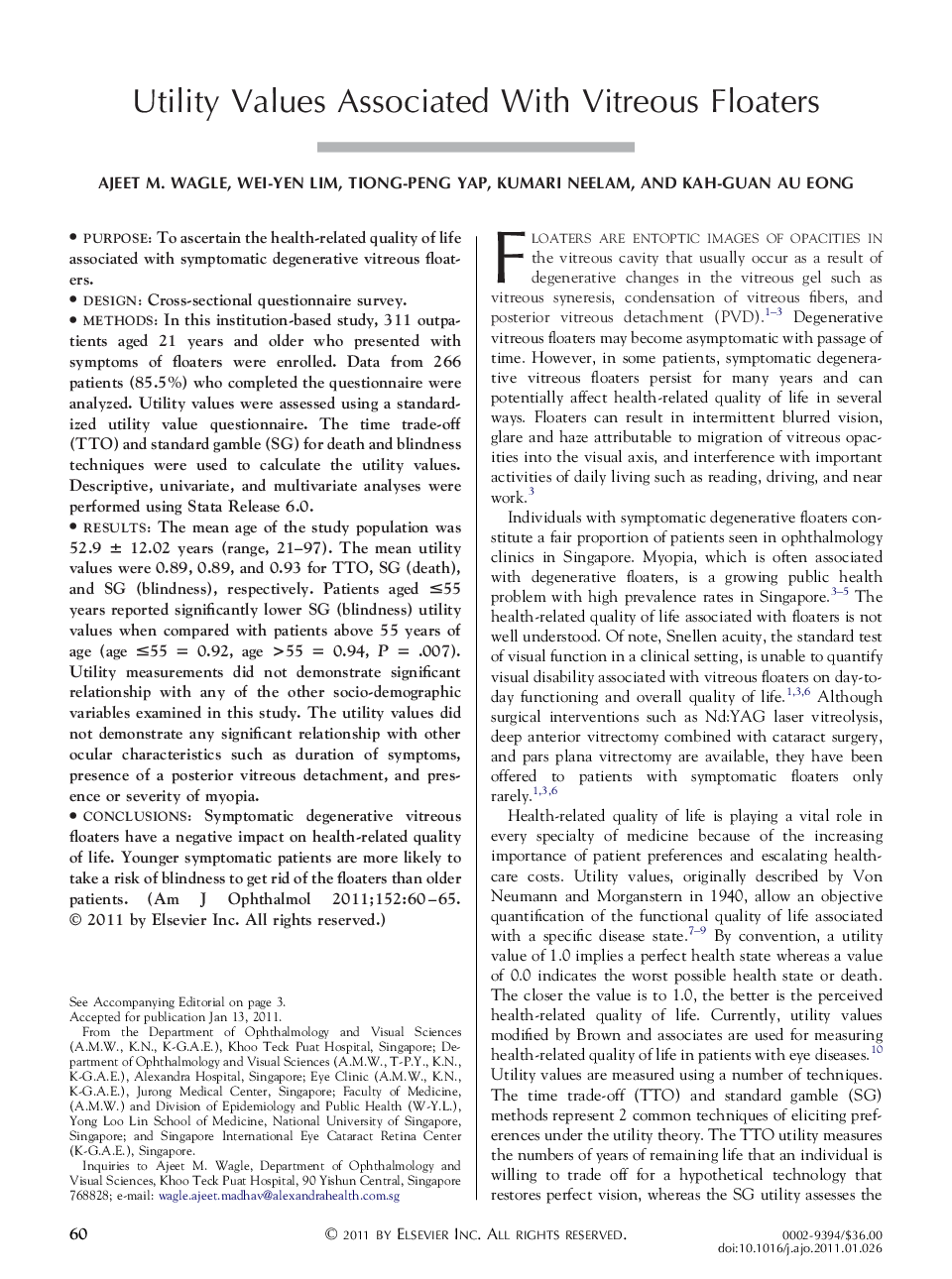 Utility Values Associated With Vitreous Floaters