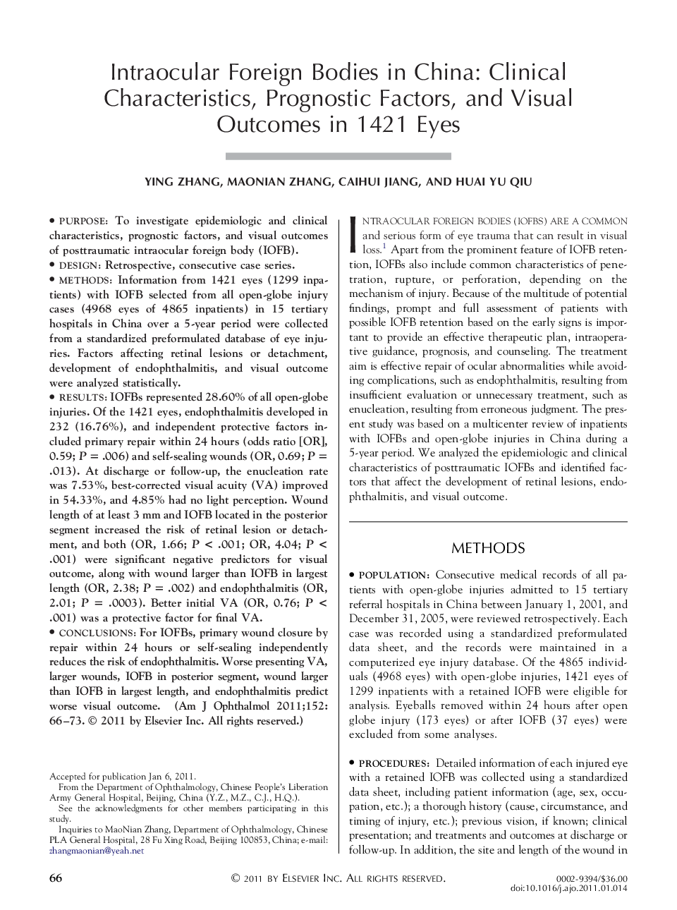 Intraocular Foreign Bodies in China: Clinical Characteristics, Prognostic Factors, and Visual Outcomes in 1421 Eyes