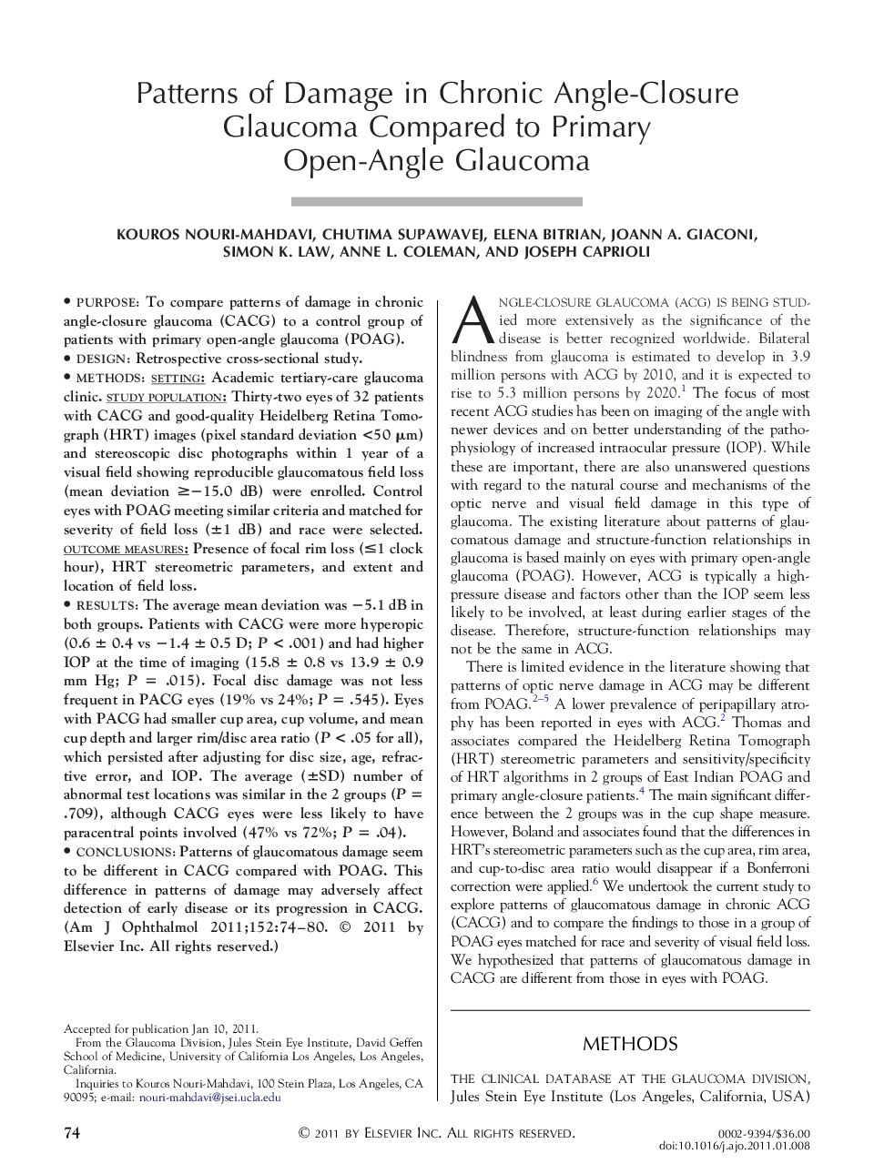 Patterns of Damage in Chronic Angle-Closure Glaucoma Compared to Primary Open-Angle Glaucoma