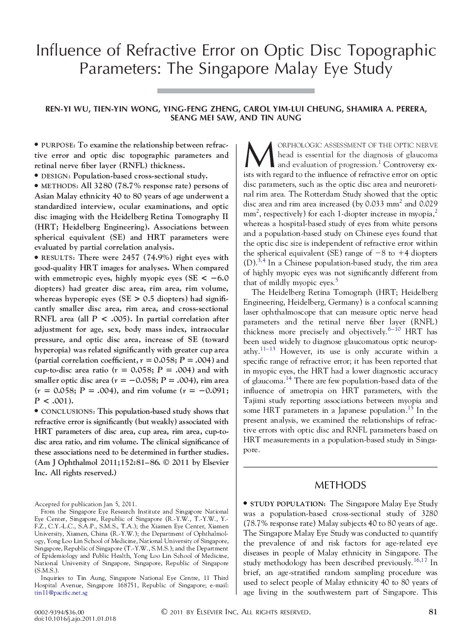Influence of Refractive Error on Optic Disc Topographic Parameters: The Singapore Malay Eye Study