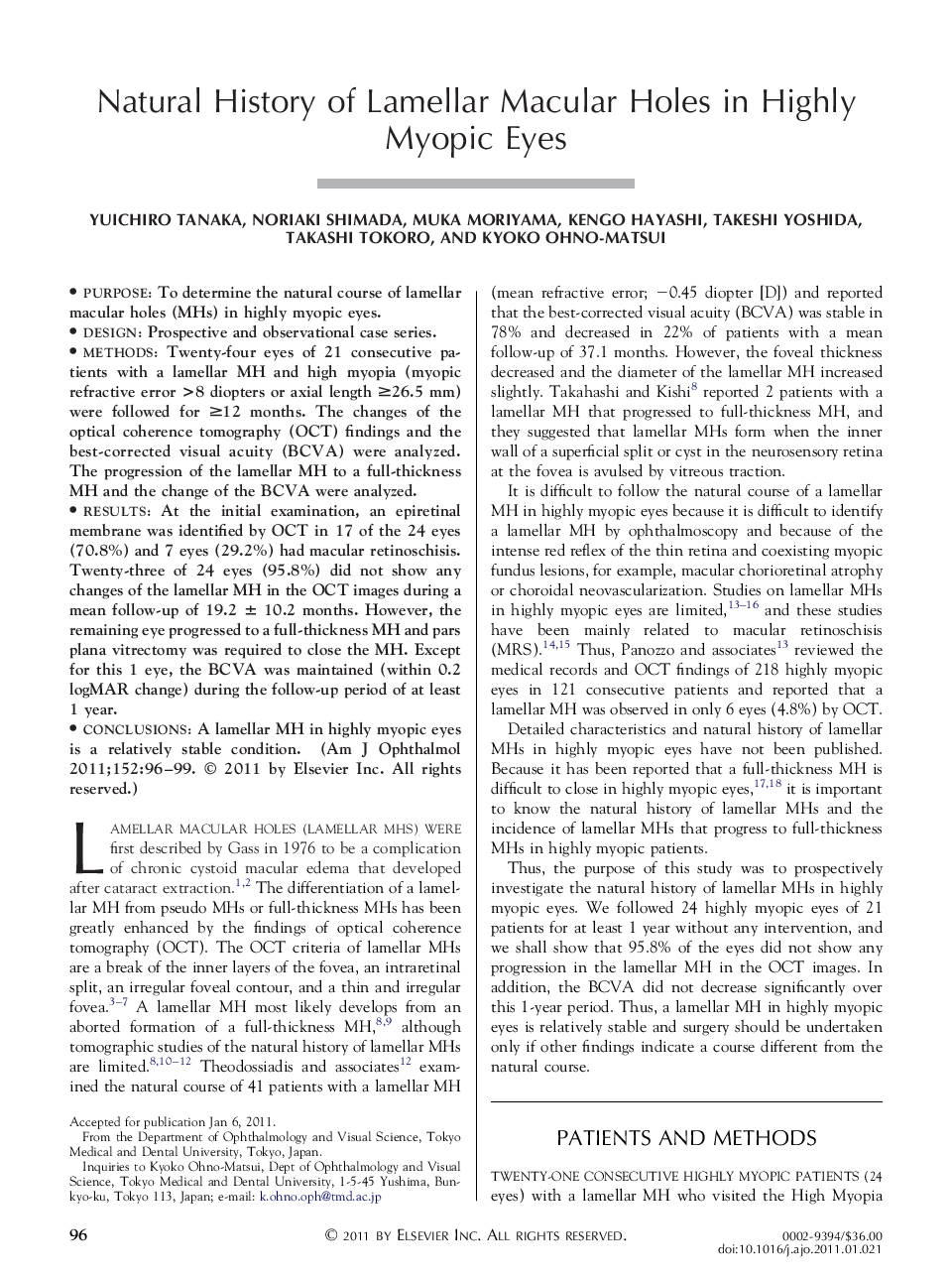 Natural History of Lamellar Macular Holes in Highly Myopic Eyes