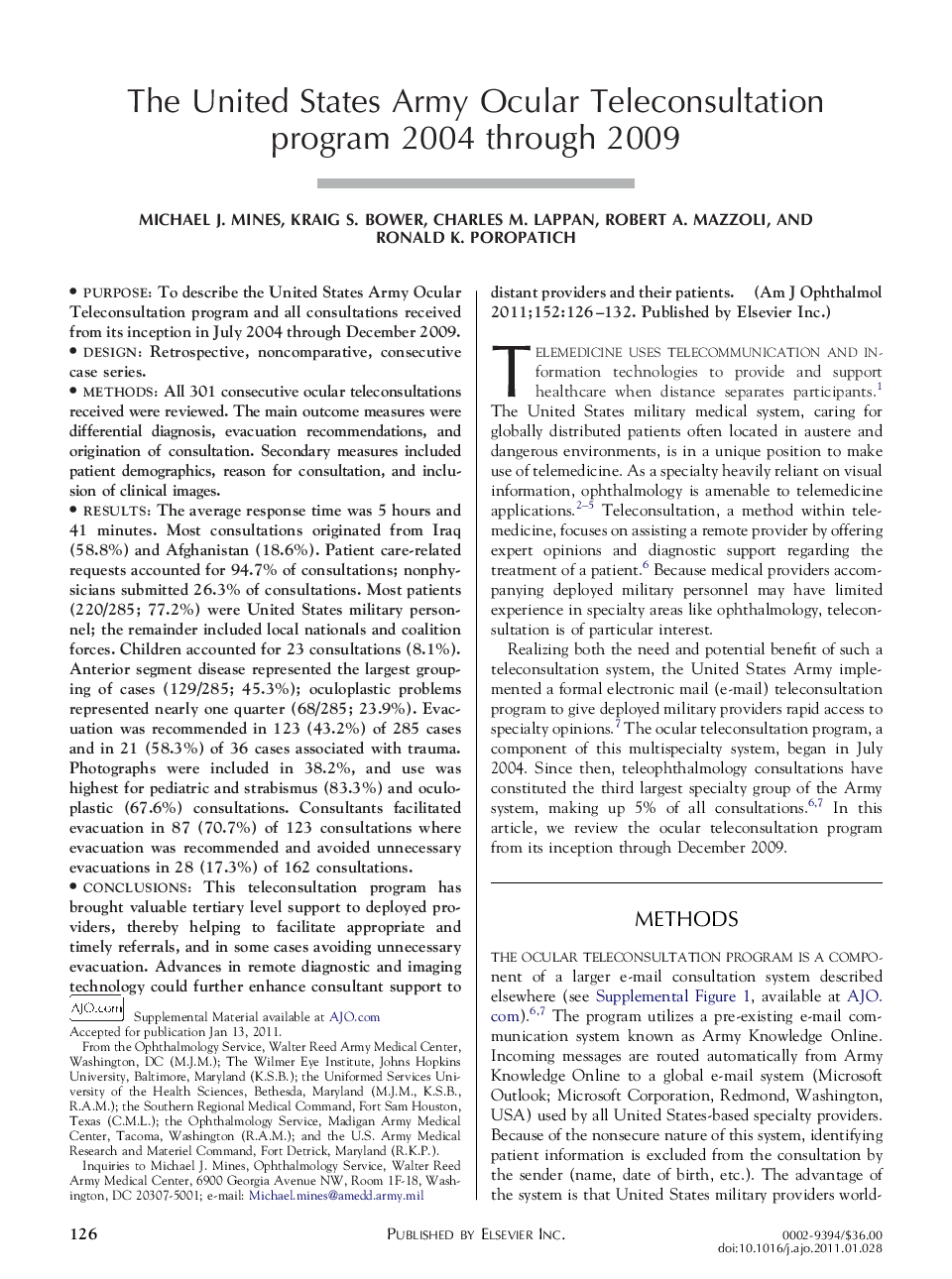 The United States Army Ocular Teleconsultation program 2004 through 2009