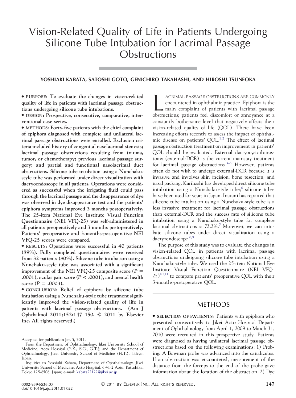 Vision-Related Quality of Life in Patients Undergoing Silicone Tube Intubation for Lacrimal Passage Obstructions