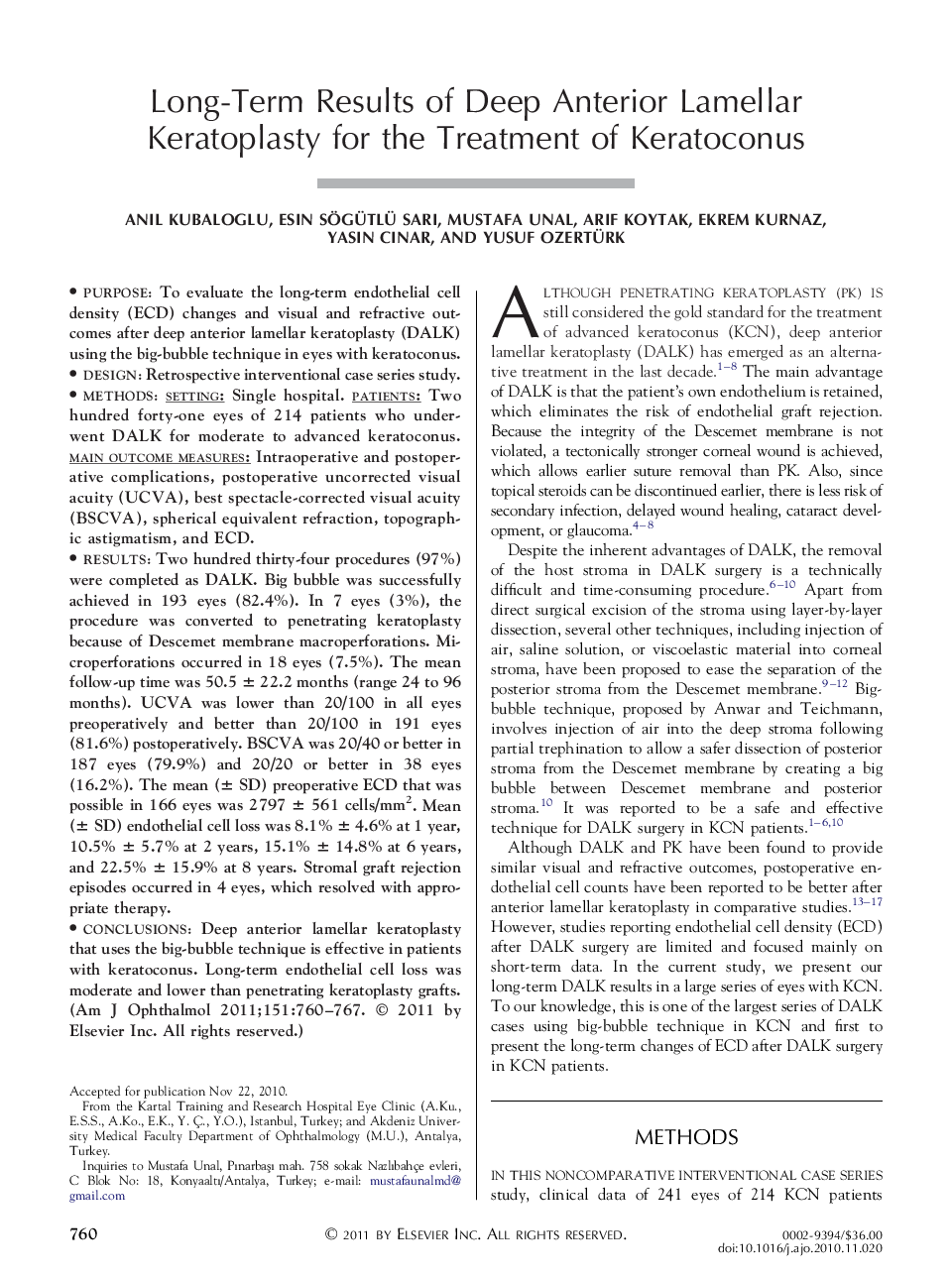Long-Term Results of Deep Anterior Lamellar Keratoplasty for the Treatment of Keratoconus