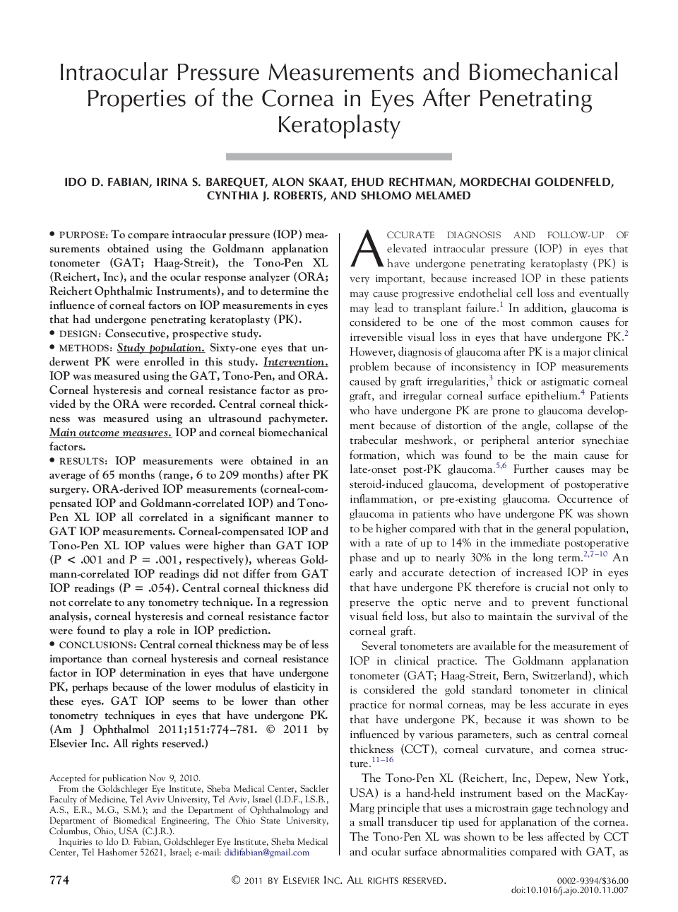 Intraocular Pressure Measurements and Biomechanical Properties of the Cornea in Eyes After Penetrating Keratoplasty