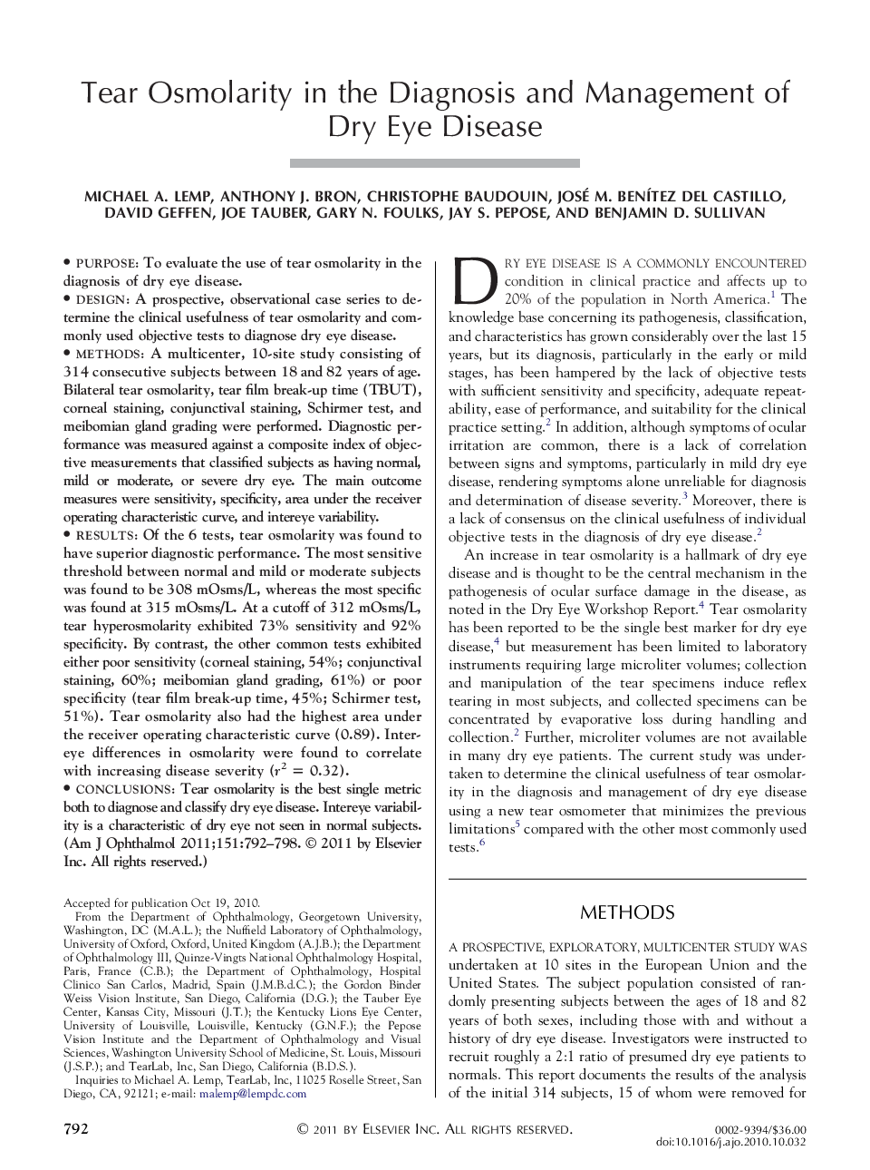 Tear Osmolarity in the Diagnosis and Management of Dry Eye Disease
