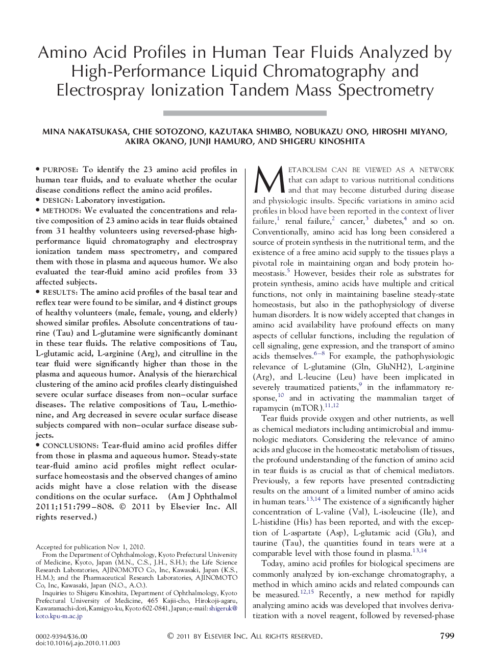 Amino Acid Profiles in Human Tear Fluids Analyzed by High-Performance Liquid Chromatography and Electrospray Ionization Tandem Mass Spectrometry