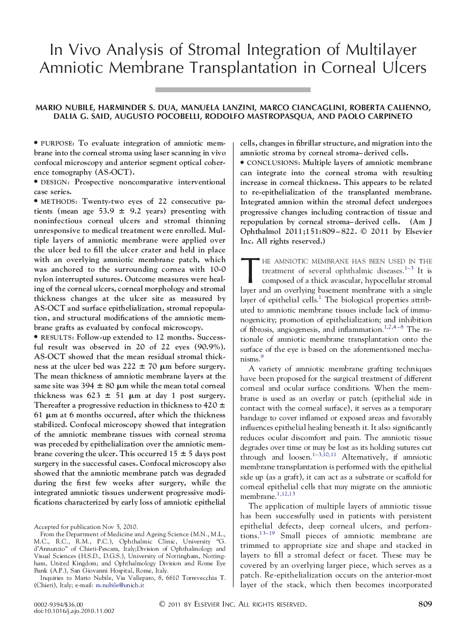 In Vivo Analysis of Stromal Integration of Multilayer Amniotic Membrane Transplantation in Corneal Ulcers