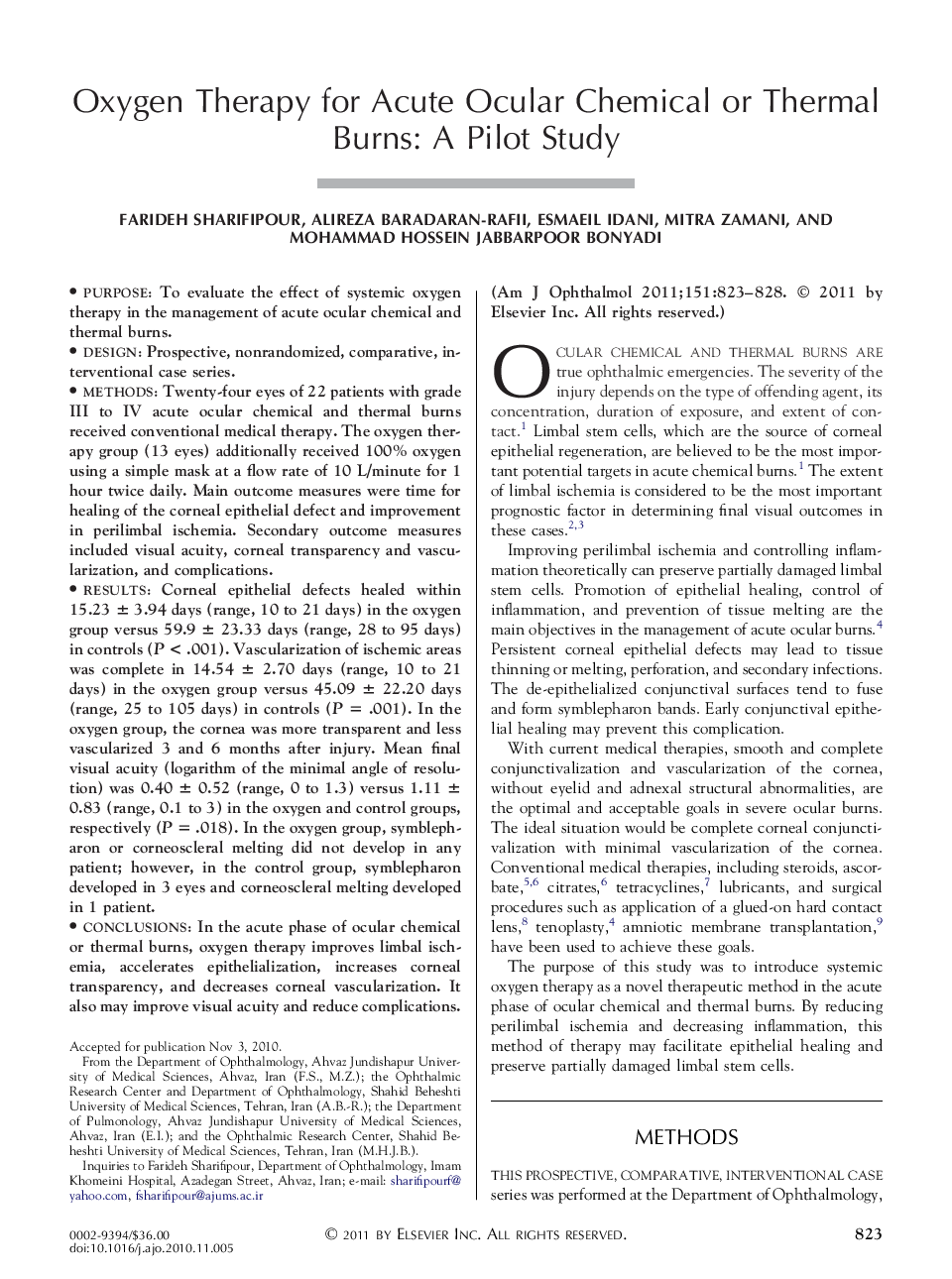 Oxygen Therapy for Acute Ocular Chemical or Thermal Burns: A Pilot Study