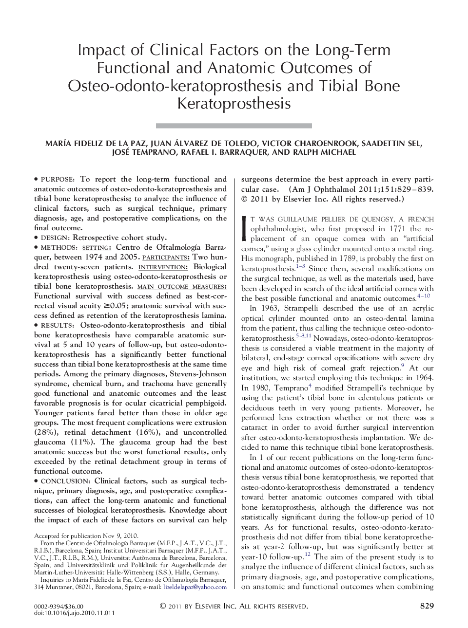 Impact of Clinical Factors on the Long-Term Functional and Anatomic Outcomes of Osteo-odonto-keratoprosthesis and Tibial Bone Keratoprosthesis