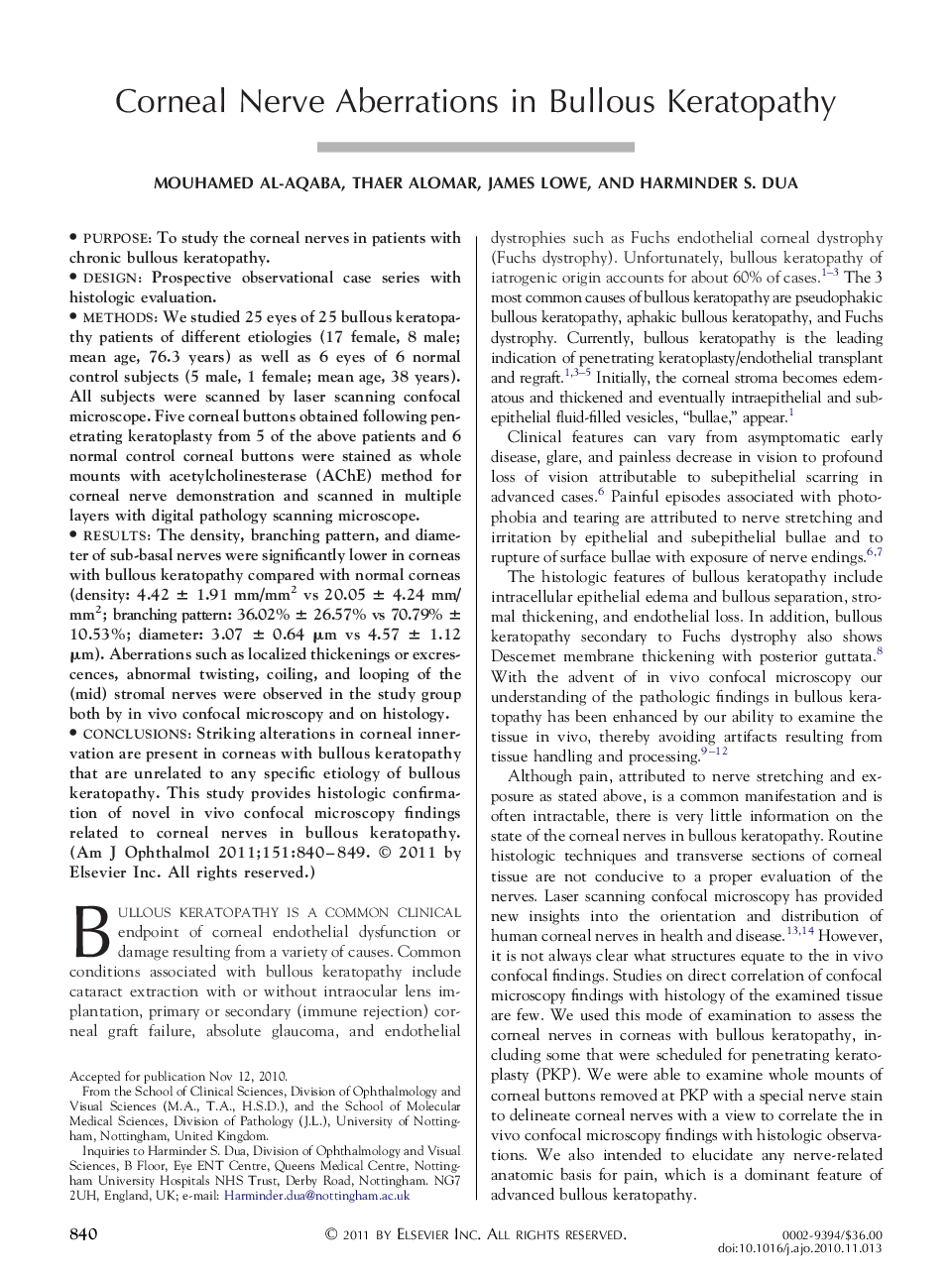 Corneal Nerve Aberrations in Bullous Keratopathy