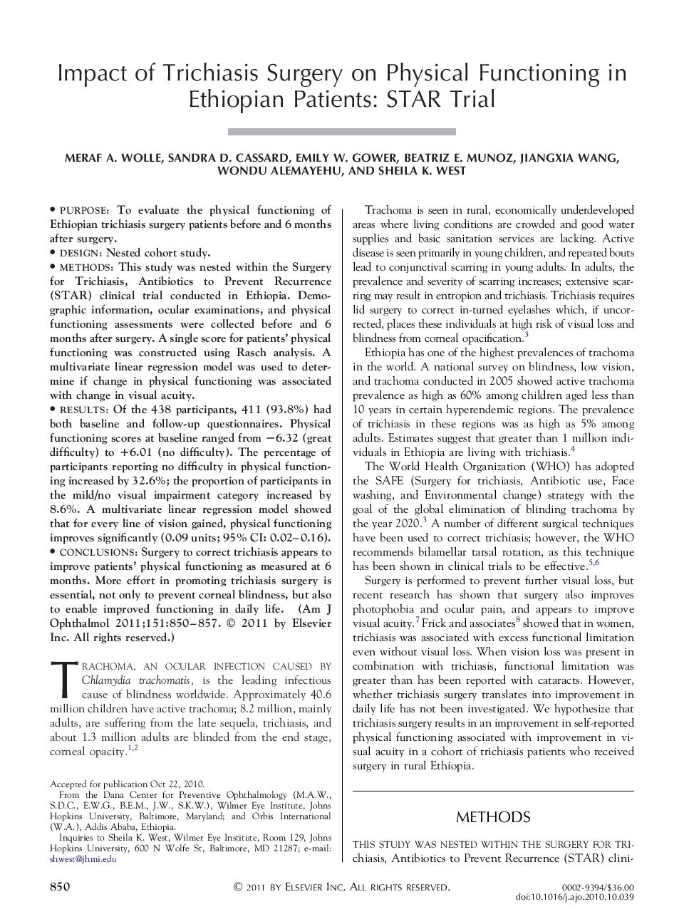 Impact of Trichiasis Surgery on Physical Functioning in Ethiopian Patients: STAR Trial