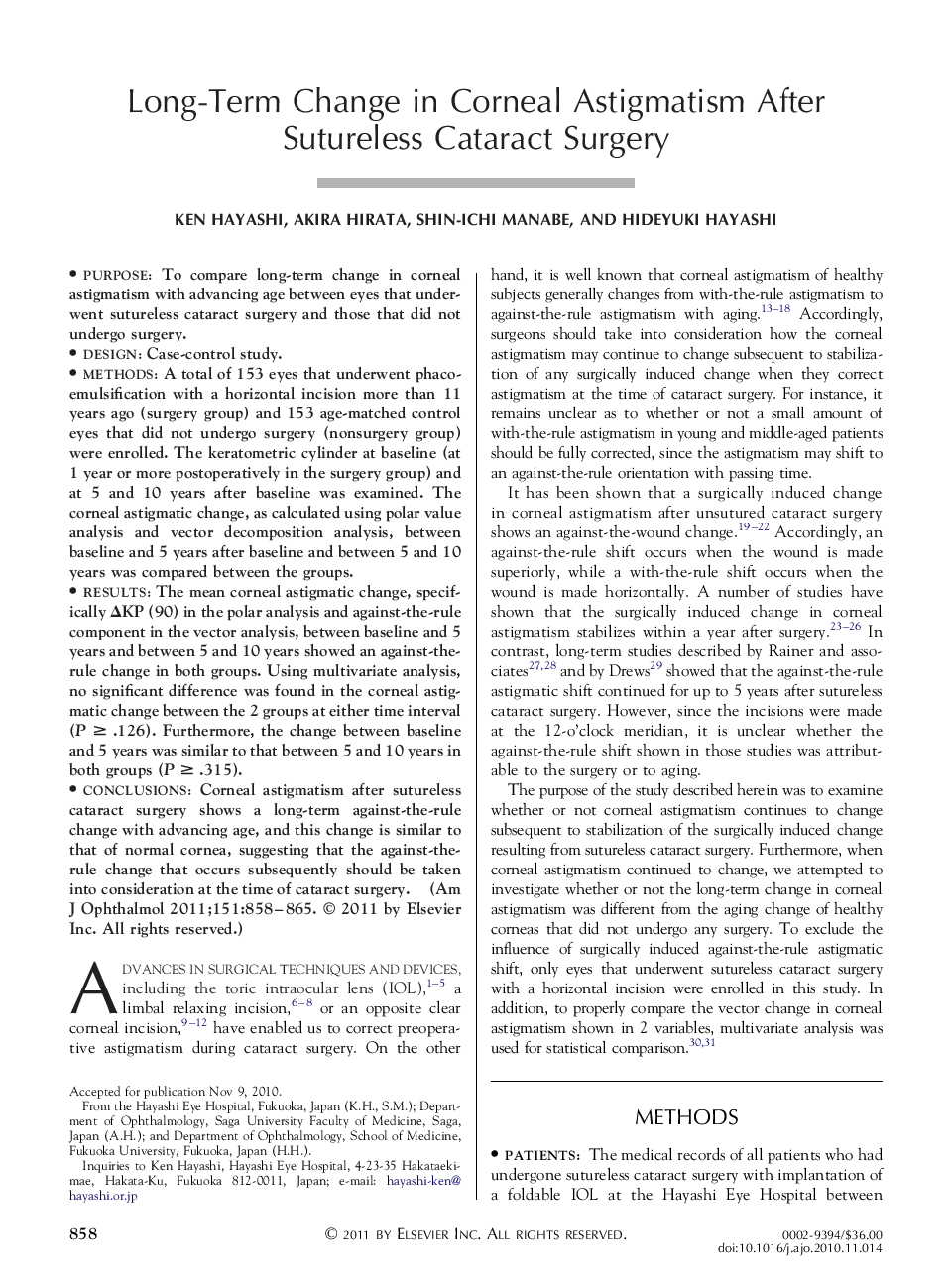 Long-Term Change in Corneal Astigmatism After Sutureless Cataract Surgery
