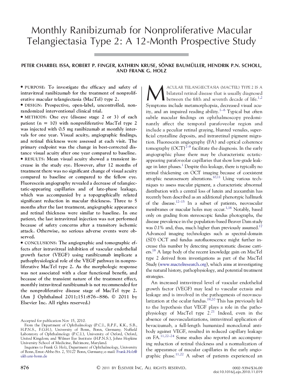 Monthly Ranibizumab for Nonproliferative Macular Telangiectasia Type 2: A 12-Month Prospective Study