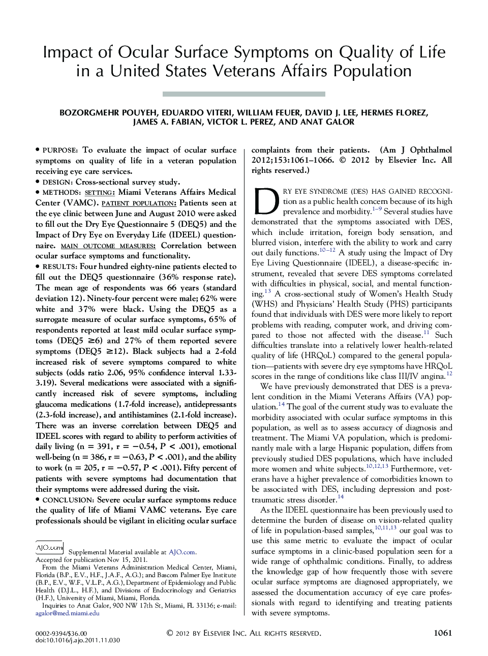 Impact of Ocular Surface Symptoms on Quality of Life in a United States Veterans Affairs Population