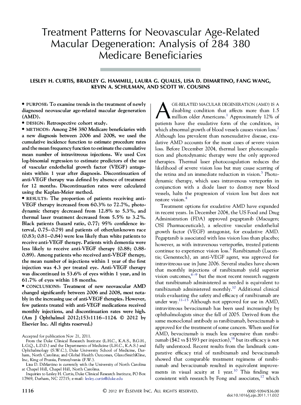 Treatment Patterns for Neovascular Age-Related Macular Degeneration: Analysis of 284 380 Medicare Beneficiaries