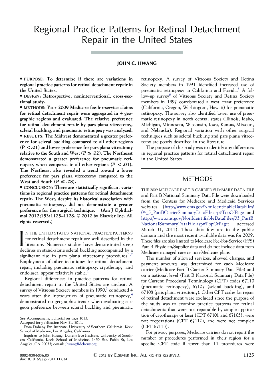 Regional Practice Patterns for Retinal Detachment Repair in the United States 